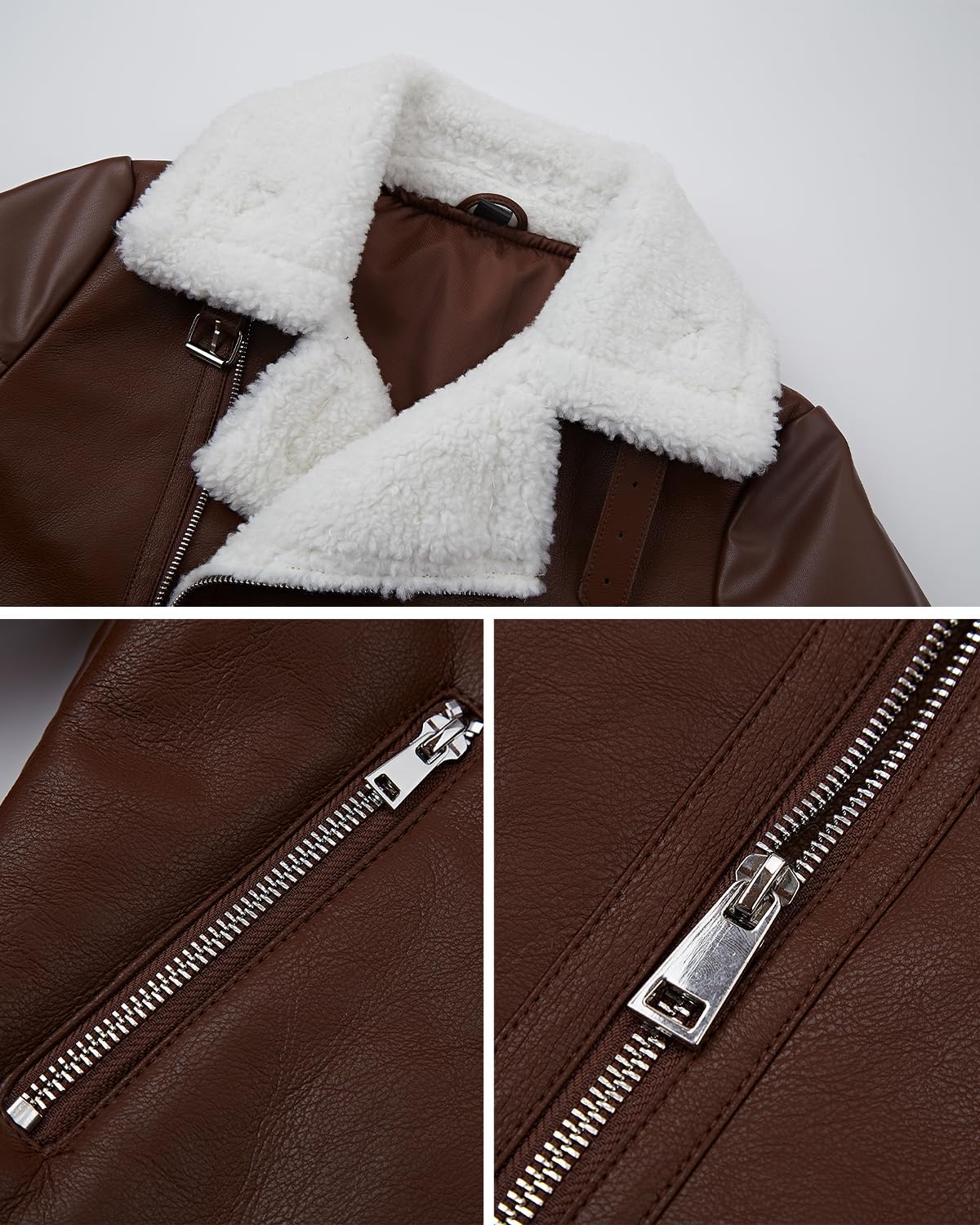 Women Fur Leather Jacket Shearing Cropped Faux Fur Lined Moto Biker Coat - Image 5