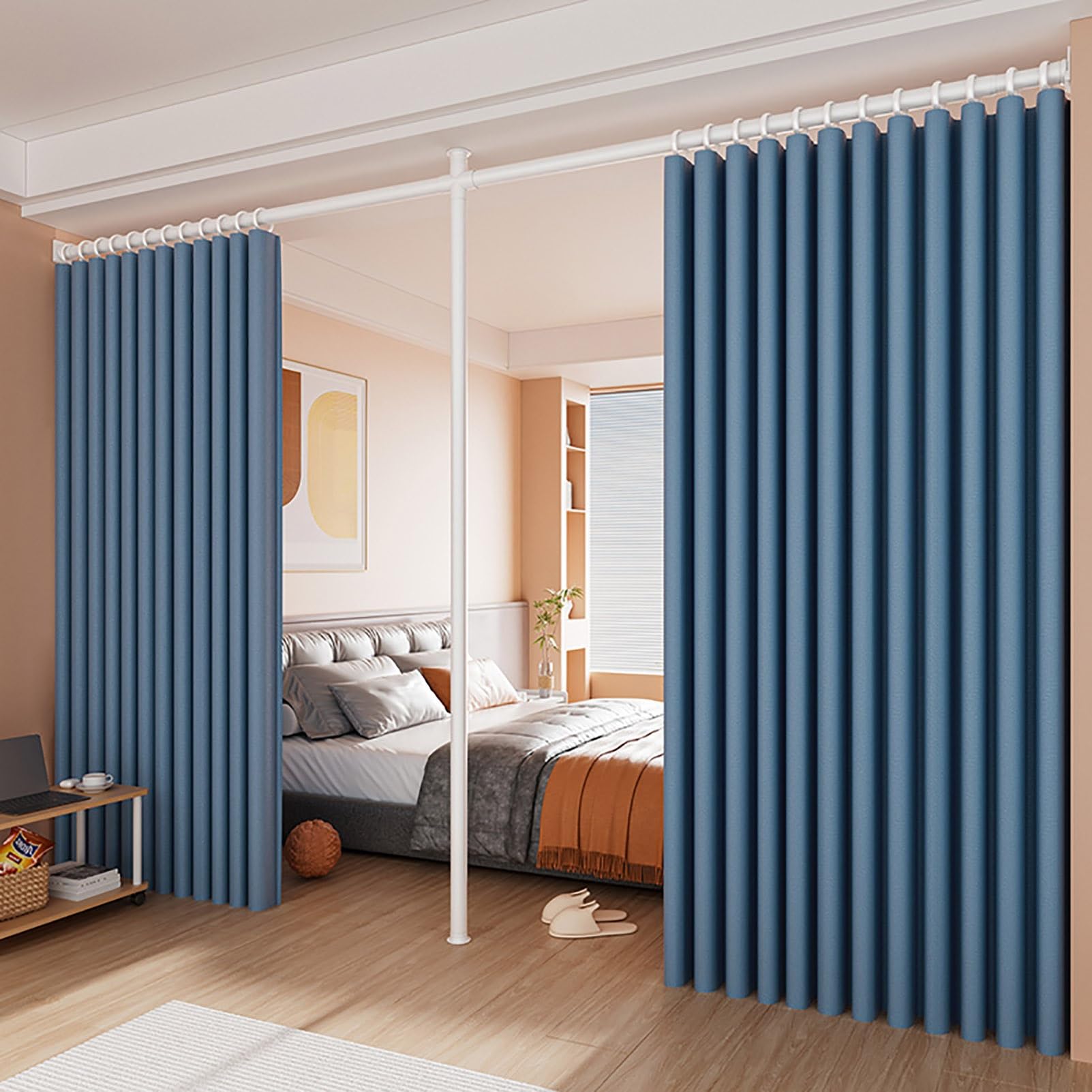 TRAGLO No Drilling Curtain Rods Room Divider Curtains Thermal Insulated Blackout Adjustable Floor to Ceiling Wall Dividers Partition Space Separator(Blue,Width3.2m~4.2m)