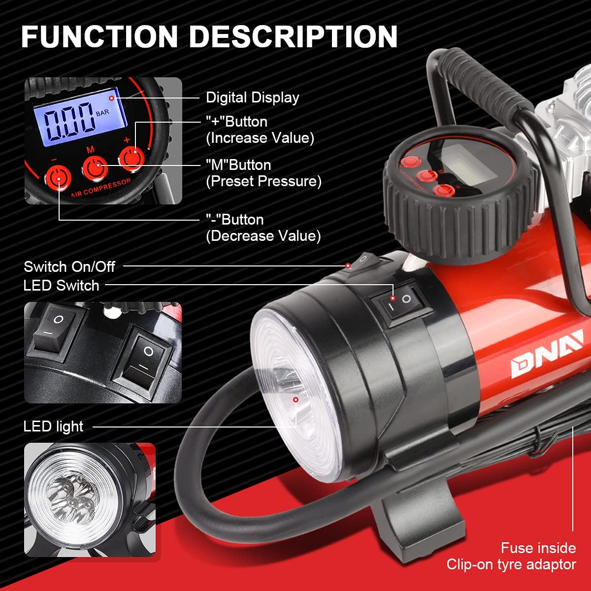 DNA Motoring 12 V 125 PSI LED Flash Light Air Pump Portable Air Compressor Inflator for Cars, Bikes and Balls (TOOLS-00083) - Image 2