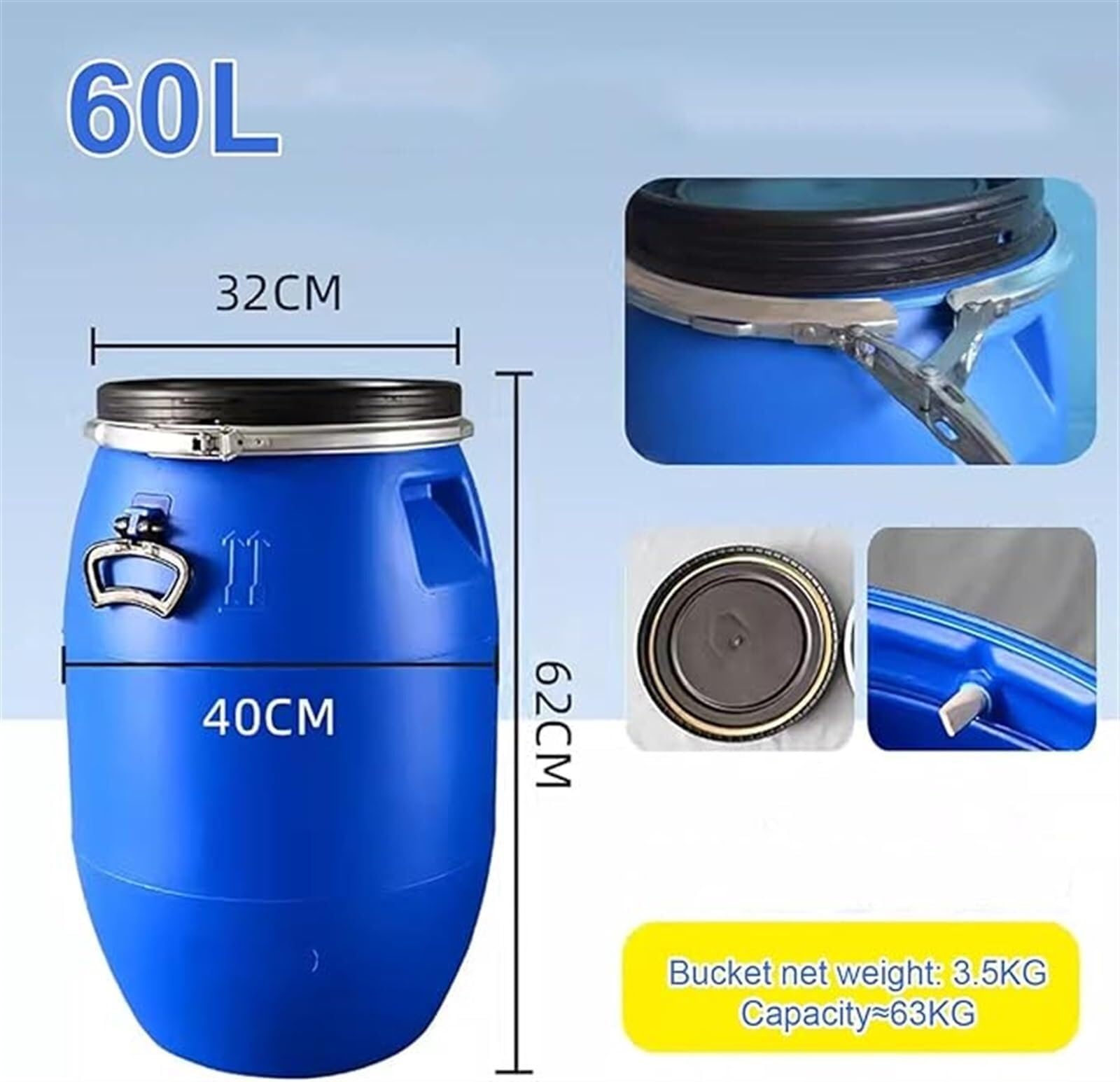 60 l/100 l/160 l/200 l, duża biała beczka z tworzywa sztucznego, jakość spożywcza, z pokrywką i pierścieniem zamykającym, szczelny pojemnik do przechowywania przemysłowego