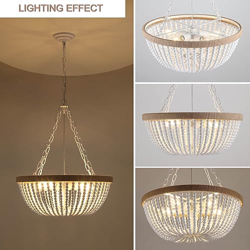 Miniatura 6 de tewei Lámpara de araña blanca con cuentas de madera bohemia de 5 luces, lámpara de araña bohemia de granja para comedor, montaje empotrado, lámpara