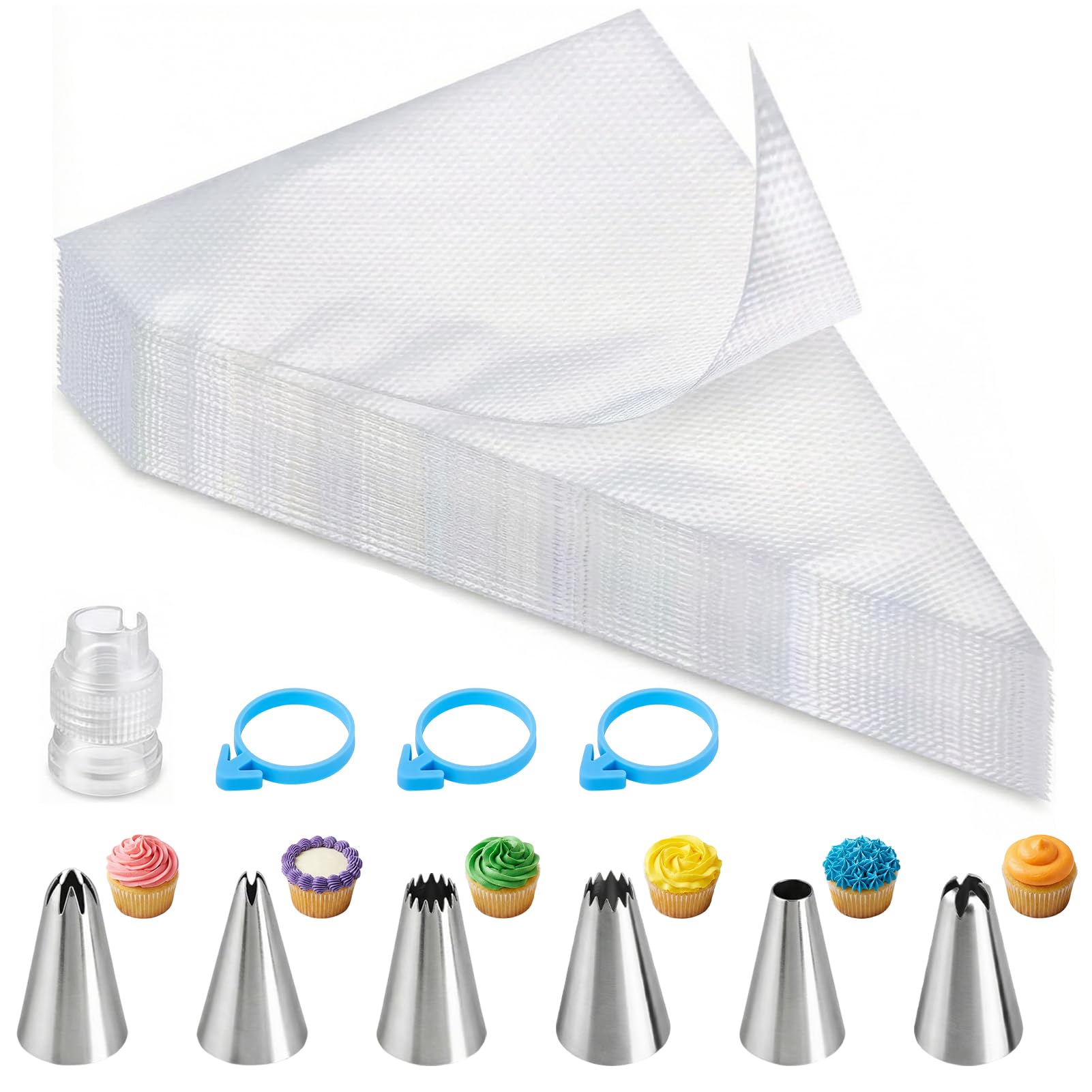 100 Pcs Disposable Piping Bags and Nozzles Set, Large Icing Bags with 6 Stainless Steel Tips, 1 Coupler & 3 Ties, Pastry Bags for Cake, Cupcake, Cookie, Macaron Decorating & Baking