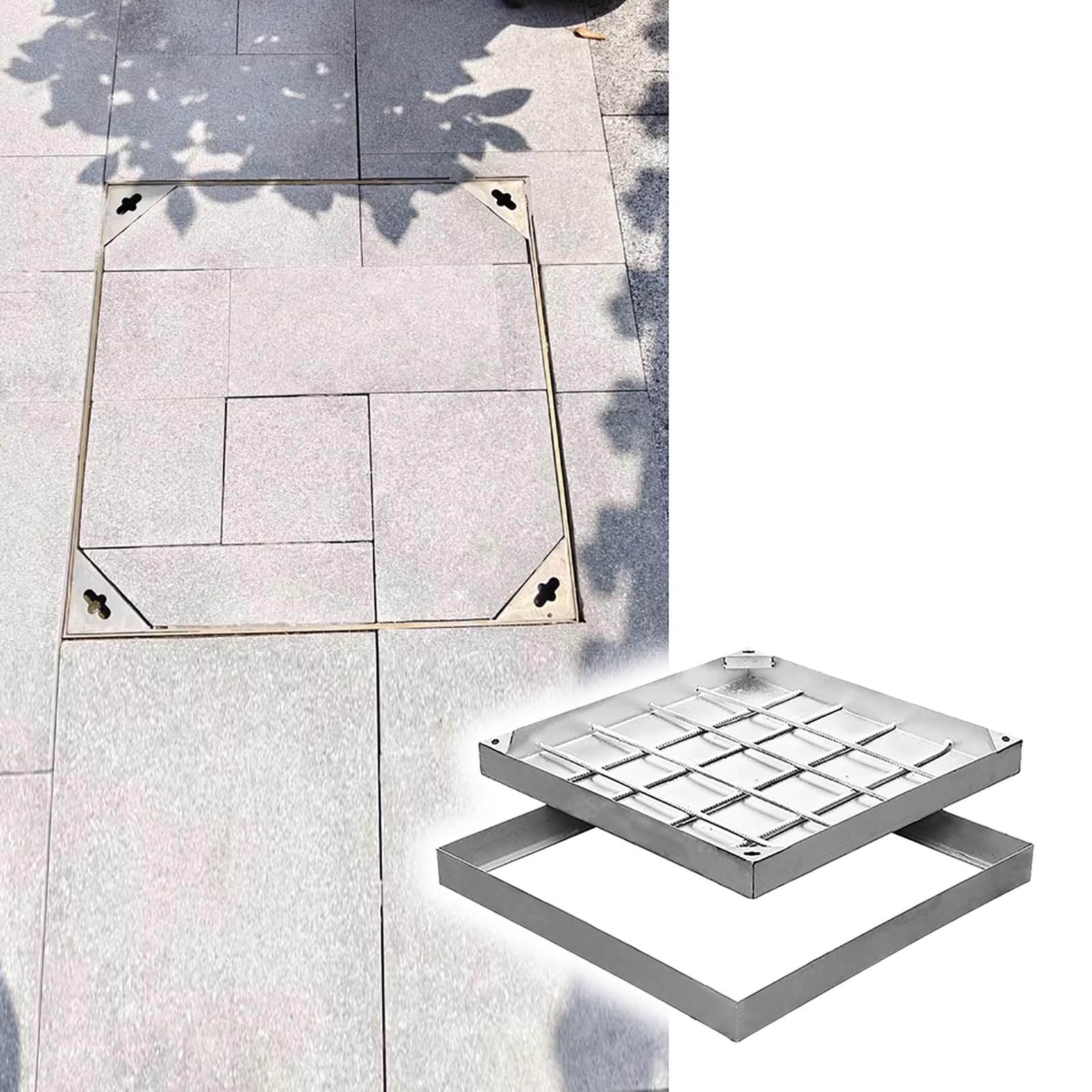 Cubierta y marco de alcantarillado de acero inoxidable, rectangular, para uso en patio o jardín, duradero, ideal para escuelas y espacios al aire libre