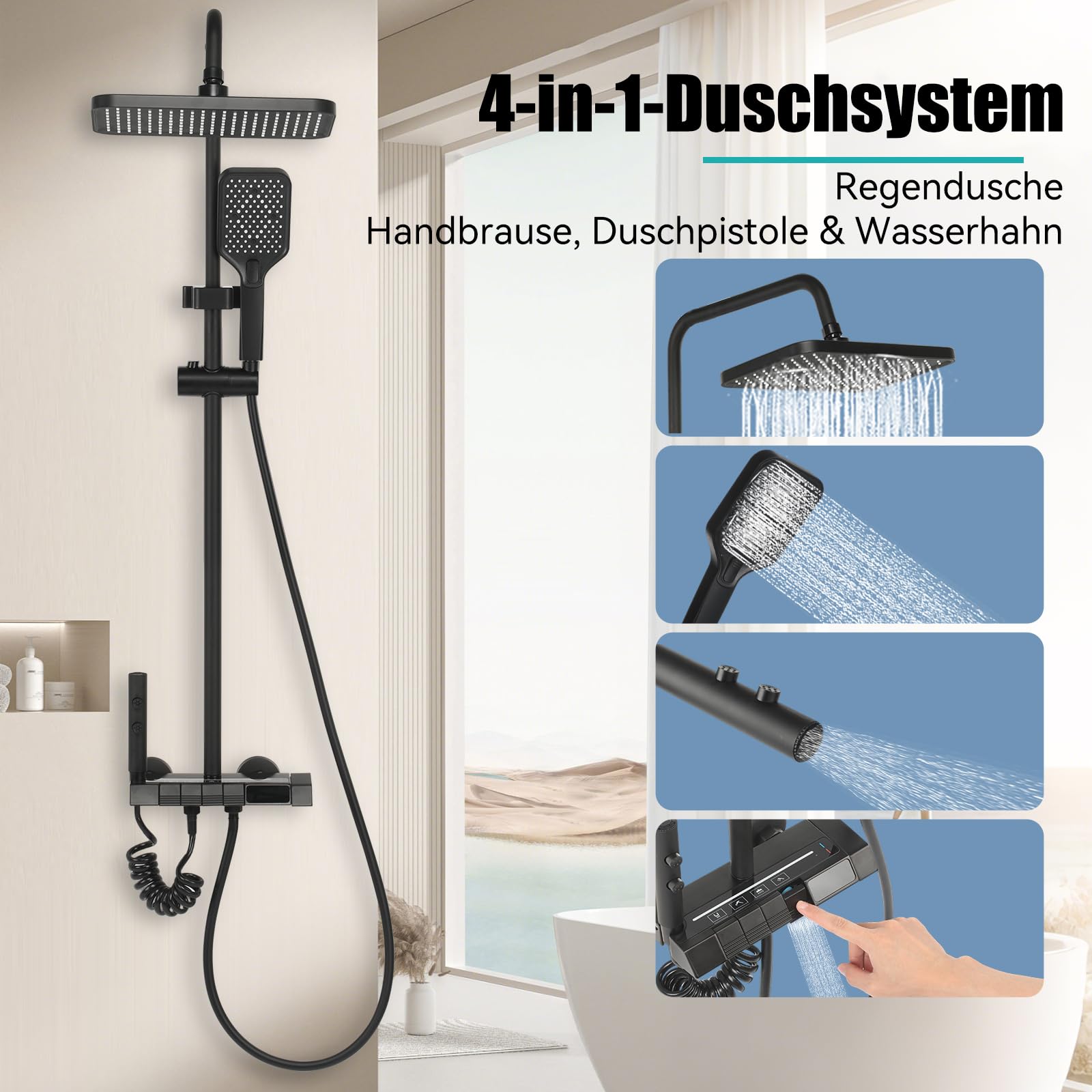 Duschsystem, 4 Strahlarten, Regendusche, Handbrause, Duscharmatur, Wasserhahn, Duschset mit LED-Digitalanzeige, höhenverstellbar, Edelstahl, schwarz