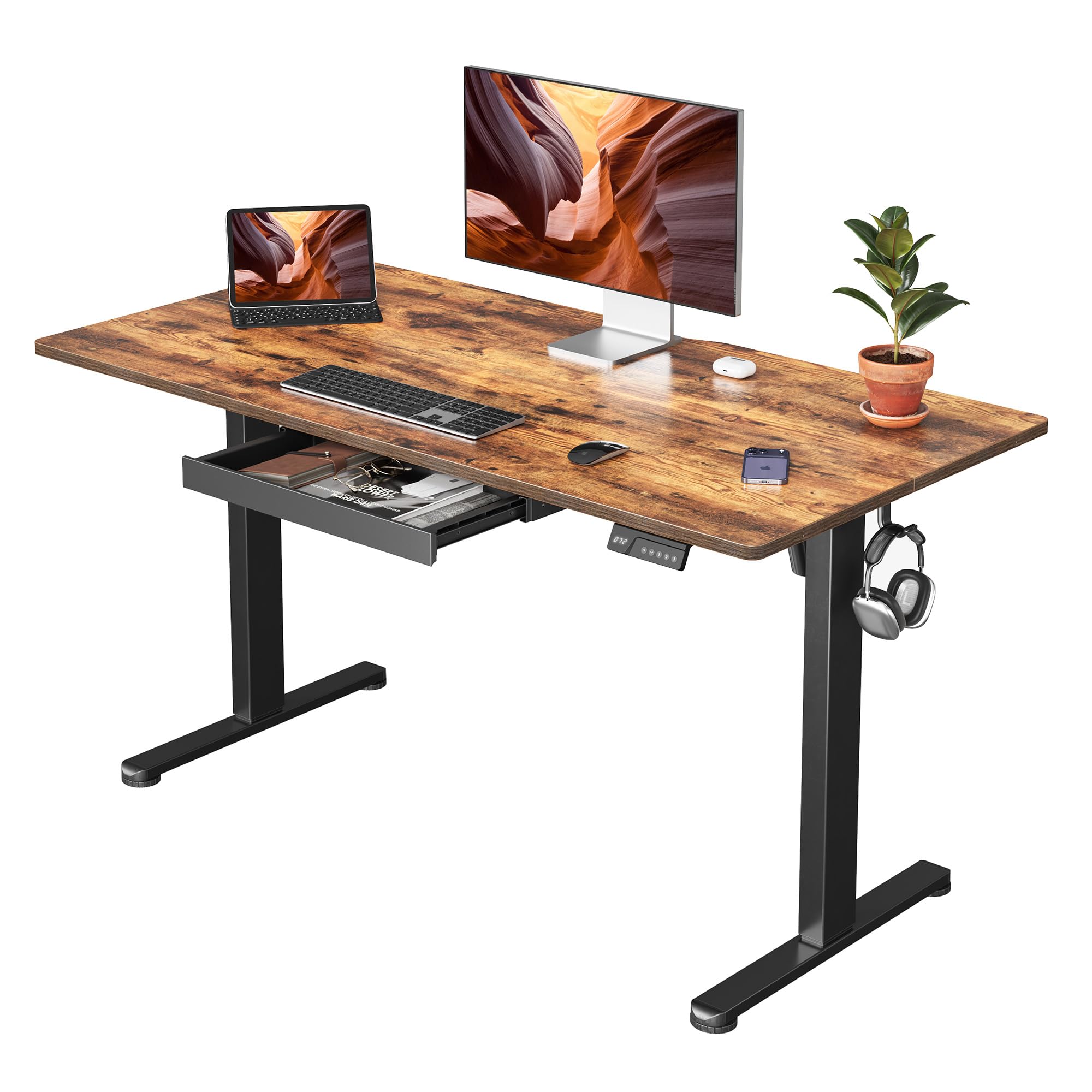 FEZIBO Electric Standing Desk with Drawers 55 x 28 Inch Height Adjustable Desk with 3 Memory Presets Sit