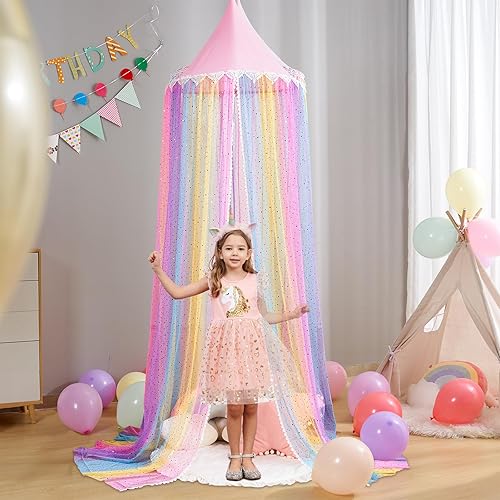 Miniatura 5 de MOOZHEALTH Toldo de cama para niñas, cortina de cama redonda con cúpula redonda de princesa con purpurina de nieve, tienda de campaña de ensueño,