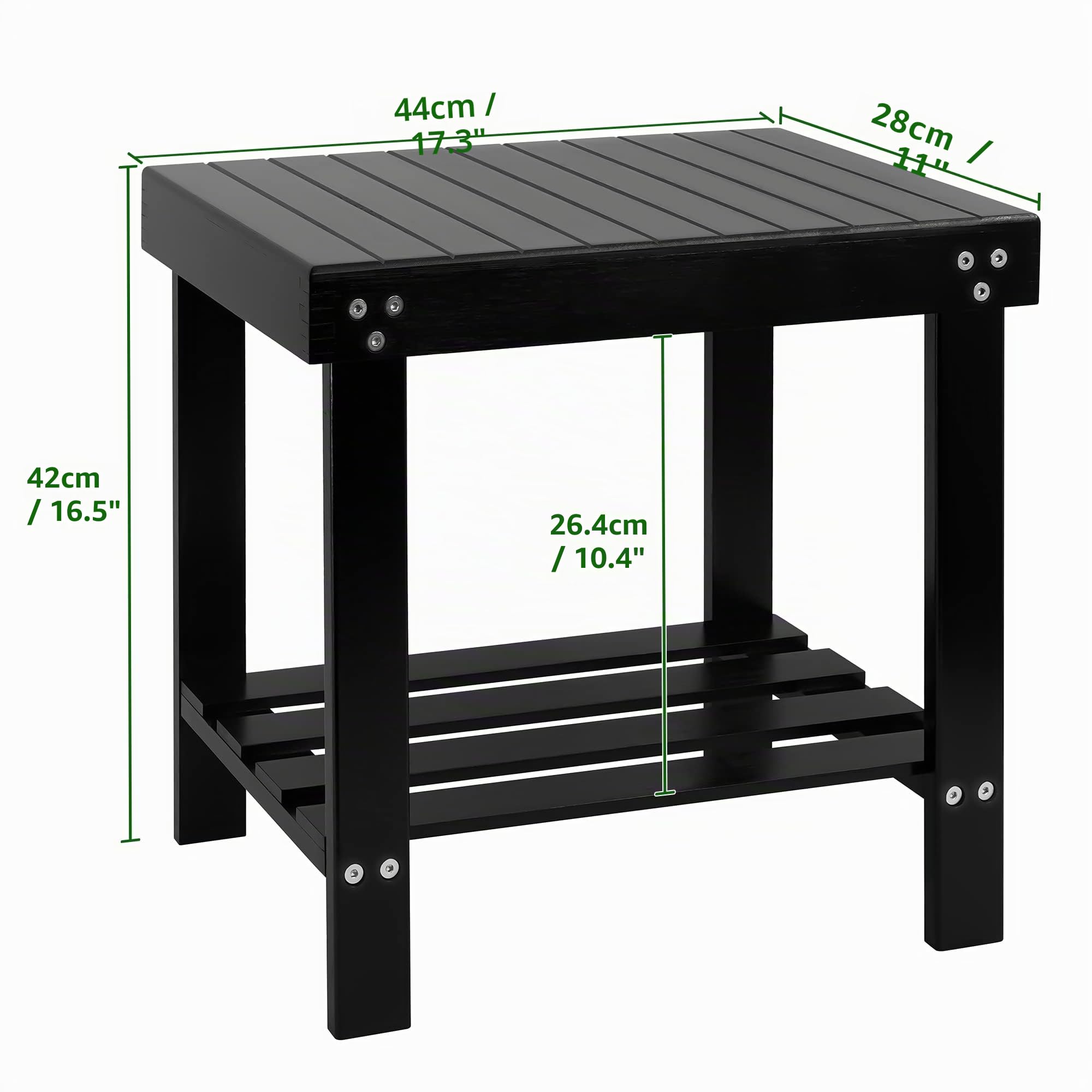 VaeFae - Banco de spa de bambú con patas antideslizantes y estante de almacenamiento para toalla de champú, funciona en el cuarto de baño, sala de estar, dormitorio, jardín, color negro