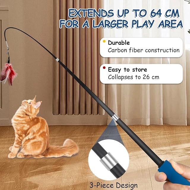 Foto 5 de 7 de VINATO Caña de Pescar para Gatos Telescópica, Juguete Interactivo con 4 Cabezales (Pájaro con Campana, Ratón