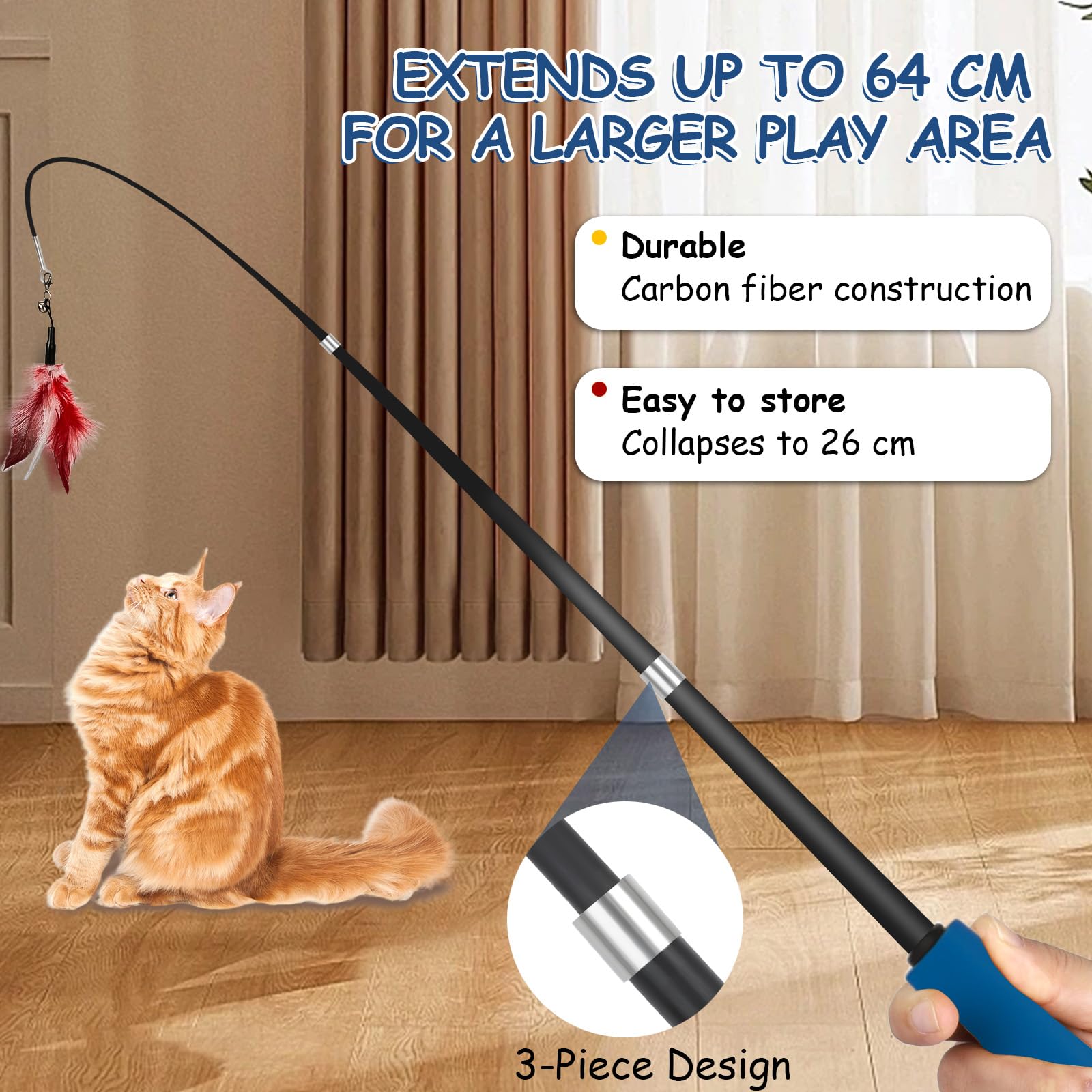 VINATO Canna da Pesca per Gatti con Asta Telescopica, Giocattolo Interattivo con 4 Testine (Uccellino con Campanello, Topo, Piume), Giochi per Gatti da Interno per Stimolare l'Istinto di Caccia