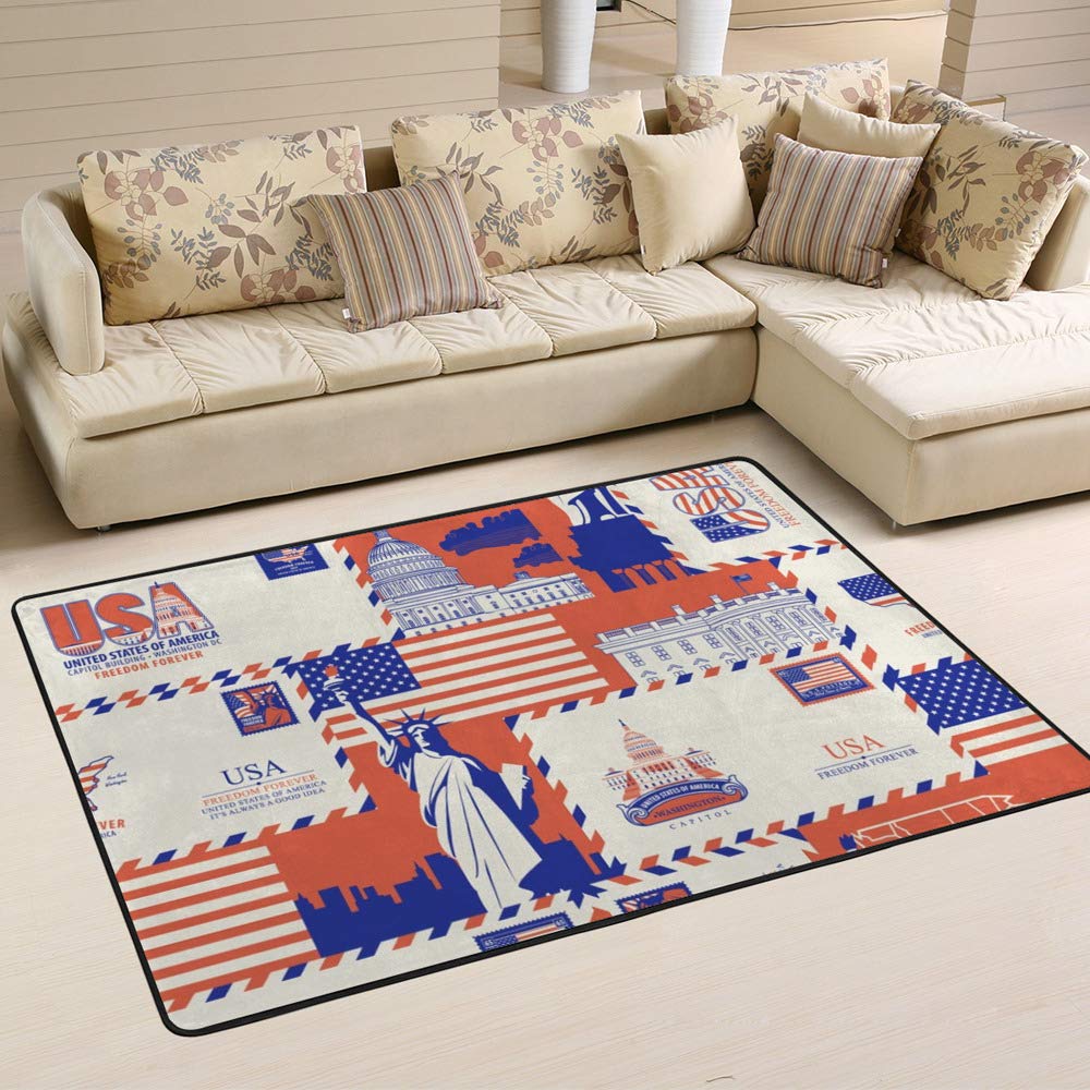Tapis motif cartes postales américaines Ruchen un tissage d'exception pour grand salon