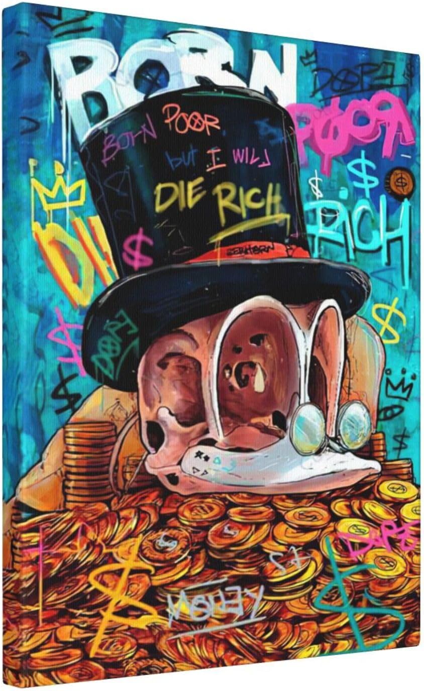 Banksy Street Graffiti Canvas Wall Art Born Poor But I Was Die Rich Modern Artist Aesthetics Pictures Wall Decor Money Abstract Painting Framed Poster Print for Home Living room Bedroom Bathroom Office 16”X20"