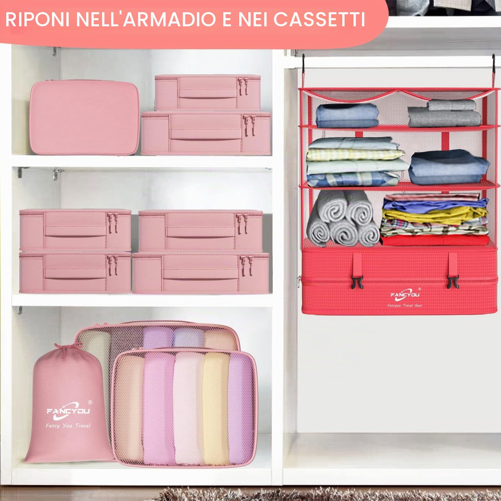 Cubi da Appendere per Borse Organizer per Valigie, Armadio Portatile del Tessuto di Nylon Migliorato 44 * 30 * 65cm, Imballaggio di Compressione e Disimballaggio in un Passo (Rosso)