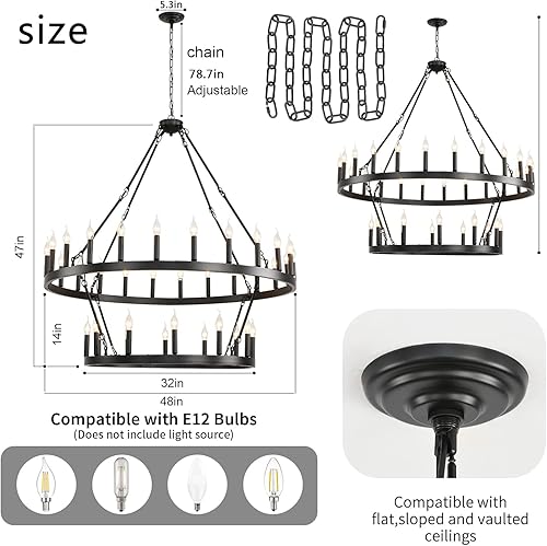Miniatura 6 de celimi Candelabro negro de 2 niveles de 48 pulgadas, 36 luces, lámpara colgante grande de granja, iluminación colgante rústica para techos altos,