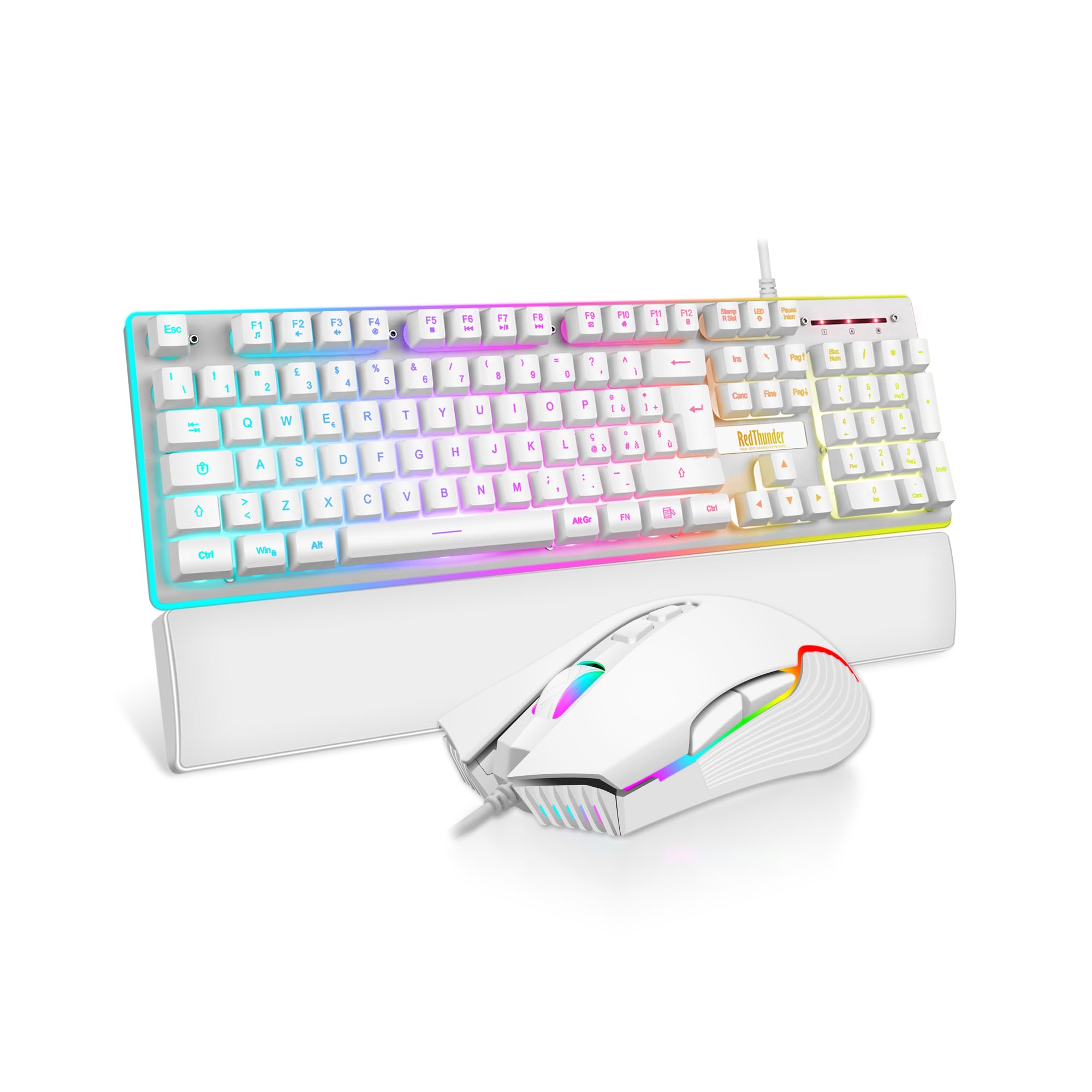 RedThunder K10 Juego de reposamuñecas de piel 3 en 1, retroiluminación dinámica RGB + sensación mecánica, teclas anti fantasma + ratón 7D 7200DPI, diseño de TI, jugadores de PC - Blanco