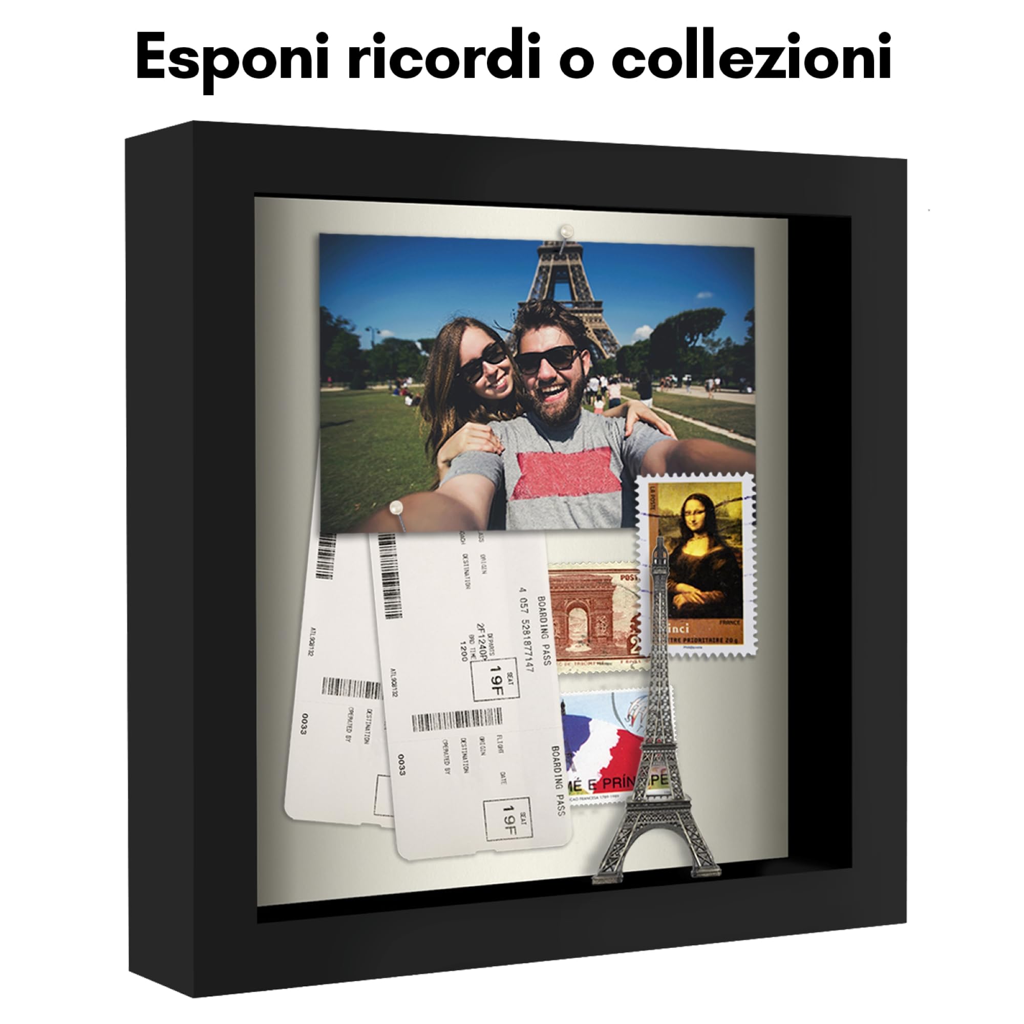 Americanflat Cornice 3D Profonda con Vetro Trasparente da 20x20 cm - Set da 2 - Cornice Profonda Nera per Oggetti con Retro in Lino e in Legno Composito da Parete e da Tavolo