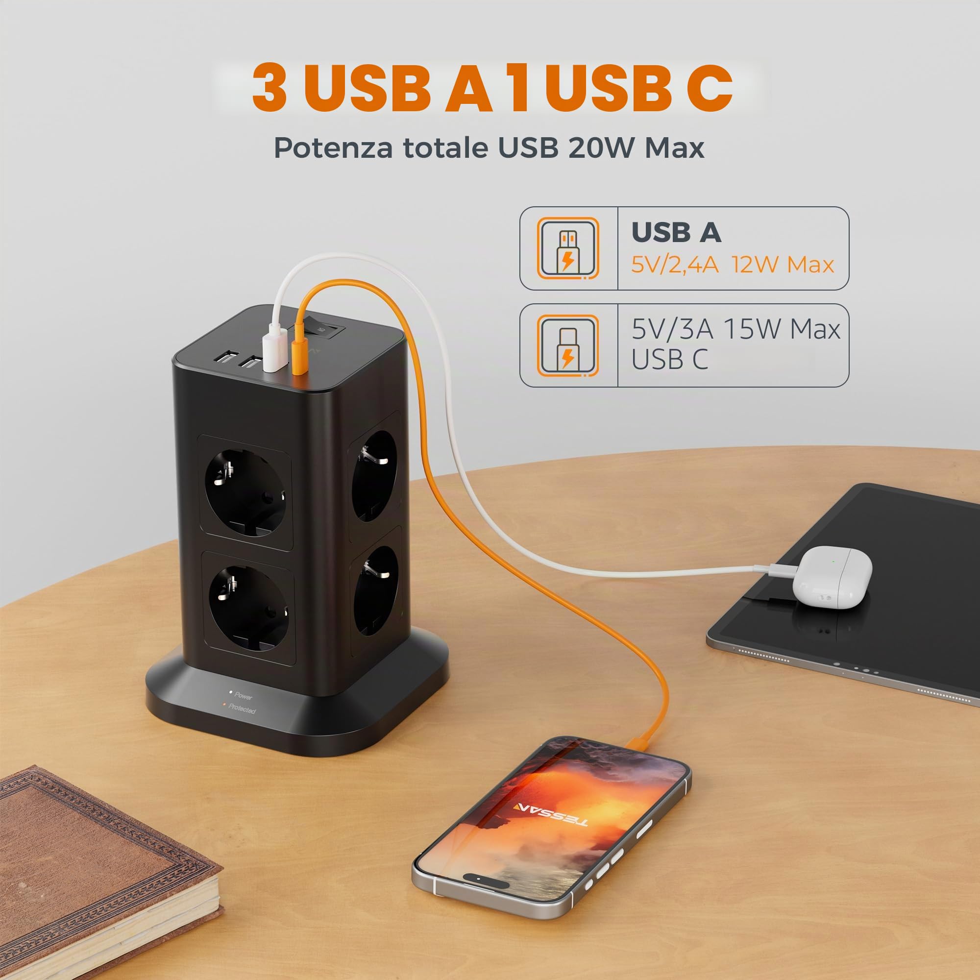 TESSAN Ciabatta Multipresa con 4 USB e 8 Prese, Ciabatta Elettrica Protezione Sovratensione, Torretta Multipresa con Interruttore e Prolunga Elettrica 2 Metri, Nero