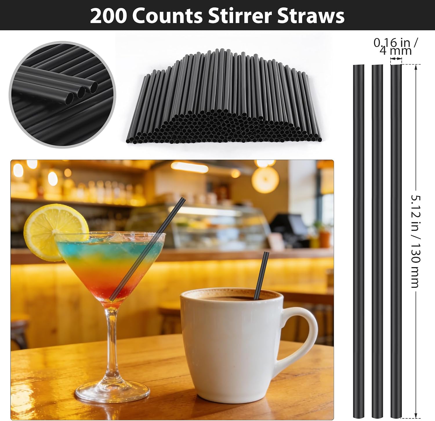 [200 Pcs] 5 Inch Cocktail Straws Bar Straws - 0.16" Wide Sturdy Plastic Short Straw for Drinks Margarita Martini Whiskey, Disposable Black Drinking Small Straw for Bar,Cafe,Party and Daily Use