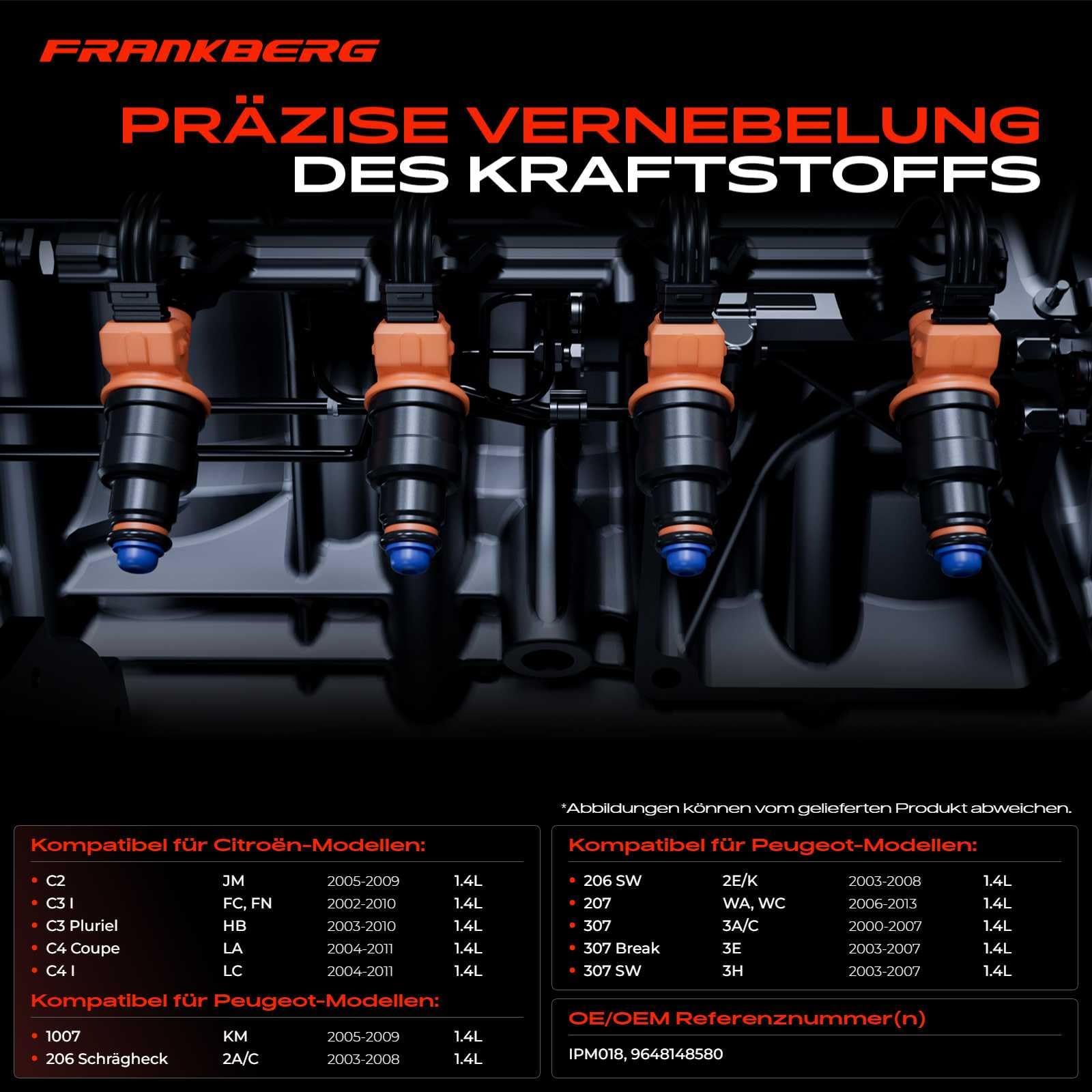 Frankberg 4x Einspritzventil 0279980311 | Kompatibel mit 307 3A/C, 207 WA WC, 307 SW 3H, C3 Pluriel HB, 206 Hatchback 2A/C, C2 JM, C4 I LC, 1.0070000000000001E3 KM