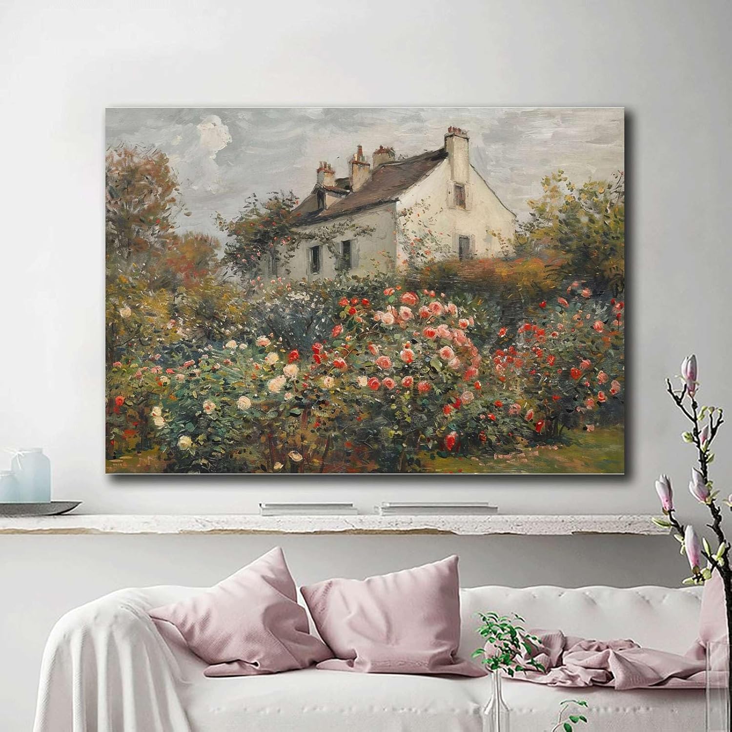 SENLYCH Printed Canvas Painting Wall Art Vintage Rose Garden Painting English Cottage Poster Dining Room Decor Rustic Floral Print Living Room and Bedroom Home Decoration 16x24inch Without Frame