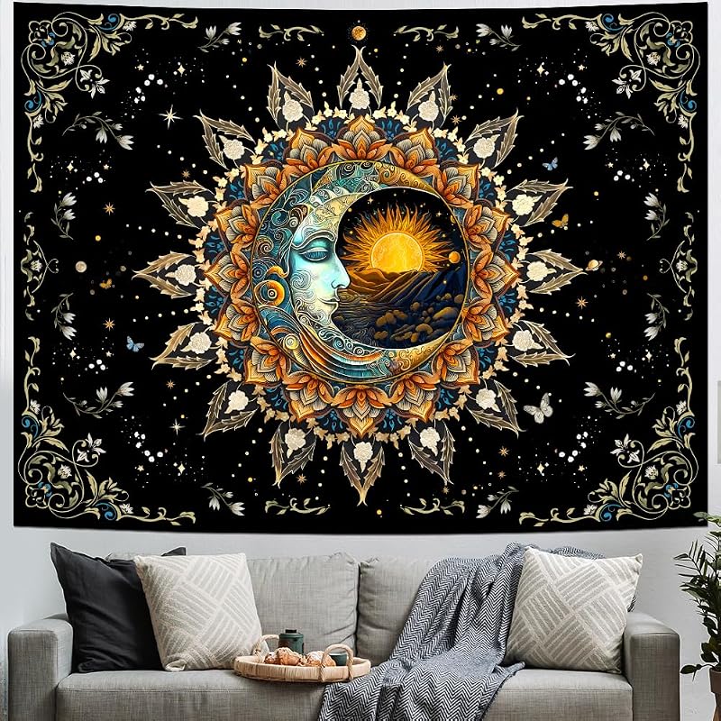 Moon and Sun Tapestry Spiritual Mandala Tapestry Black Flower Plant Tapestries Hippie Boho Tapestries Vintage Aesthetic Wall Hanging Decor for Home