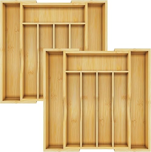 Miniatura 8 de BAMBUROBA Divisores de cajones bandeja de cubiertos expandible de madera de bambú ajustable 4 compartimentos organizador de cubiertos de cocina