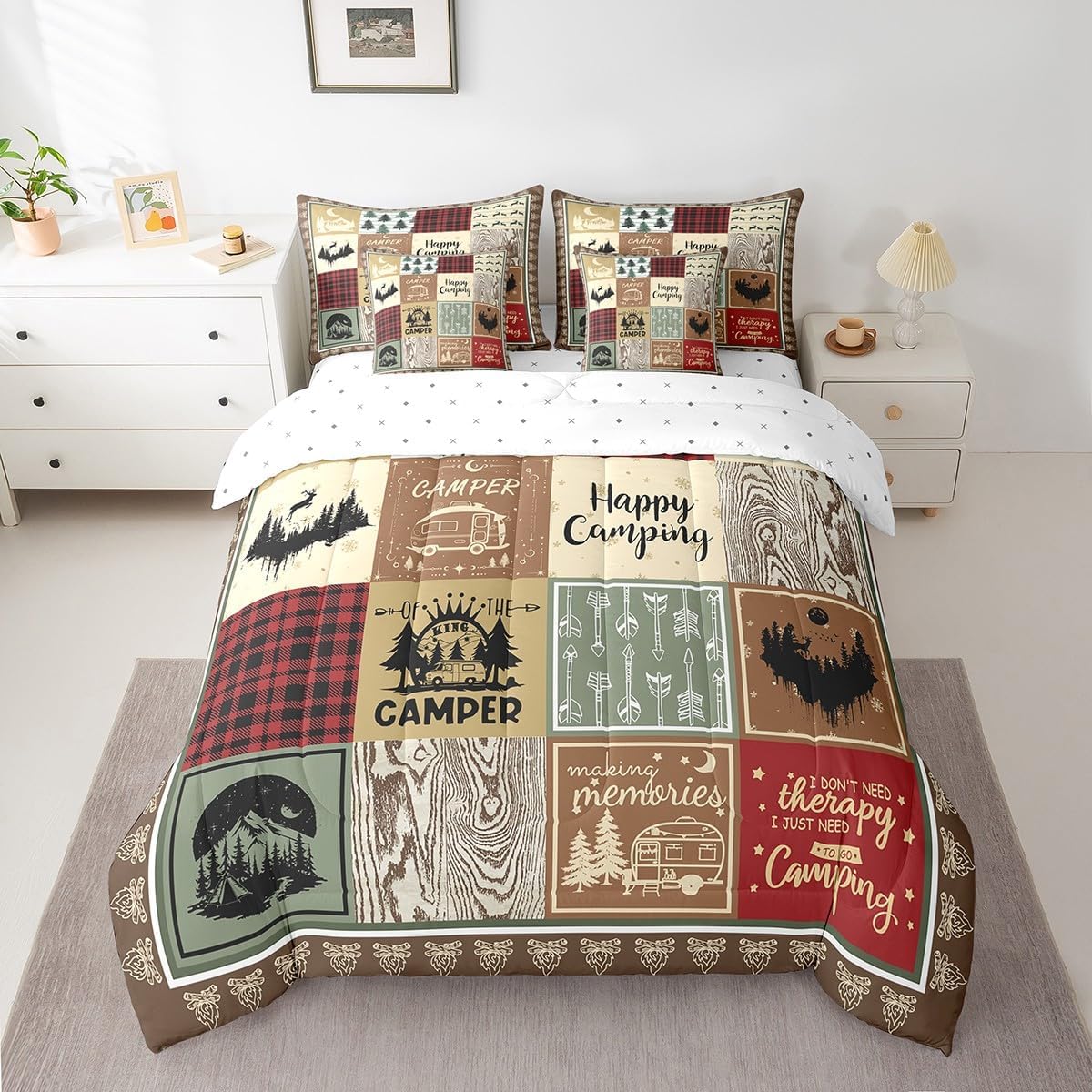 Erosebridal 7 Piece Kids Camping Queen Comforter Set,Rustic Cabin Decor Rv Camper Bedding Set for Travel Trailers Accessories,Buffalo Plaid Bed Set with Sheets,Woodland Bed in a Bag with Pillowcases