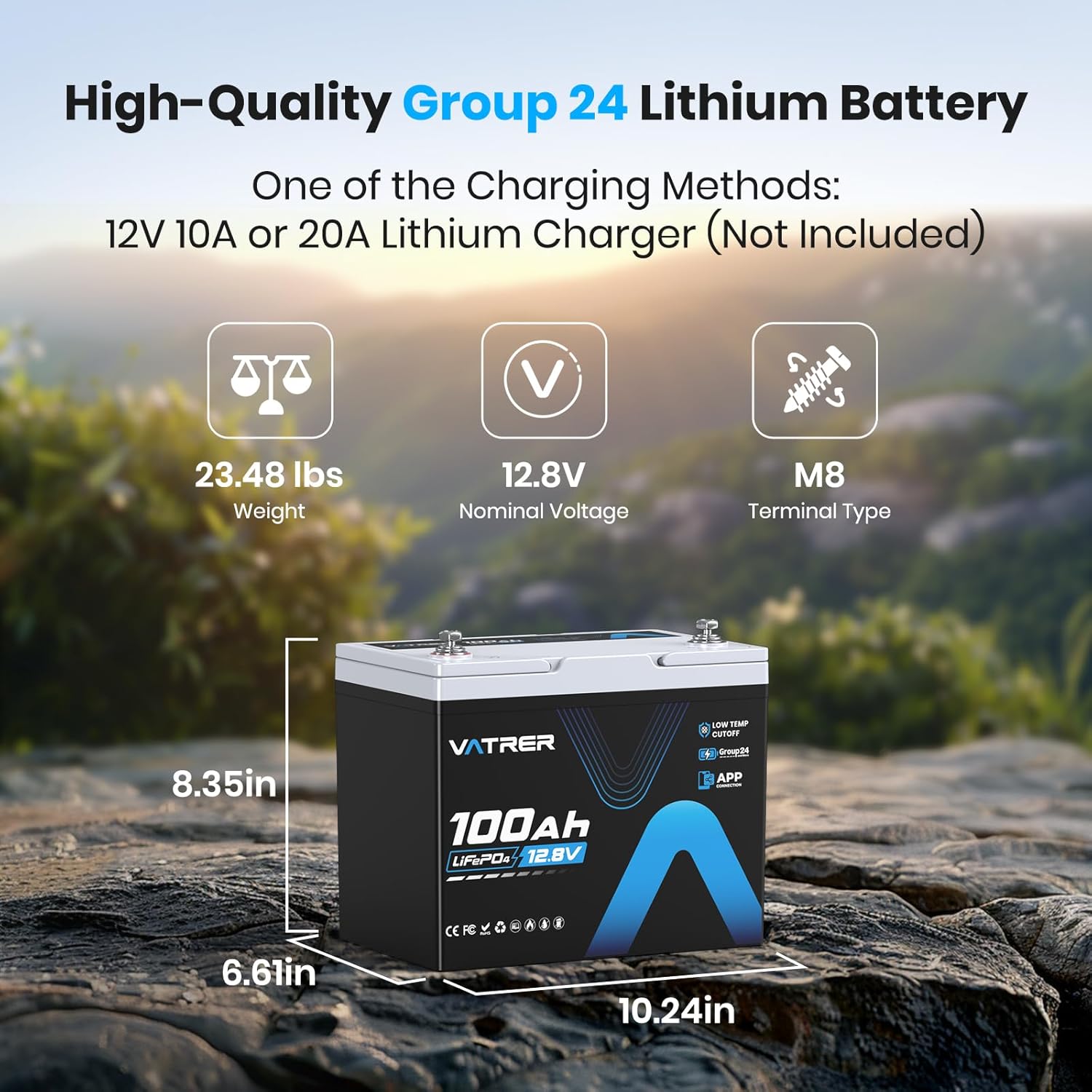 12V 100Ah Group 24 Lithium Deep Cycle Battery, 150A BMS Rechargeable LiFePO4 APP Monitoring Battery, Low/High Temperature Cutoff Protection, Perfect for RVs, Boats, Off-Grid, Home Energy Storage