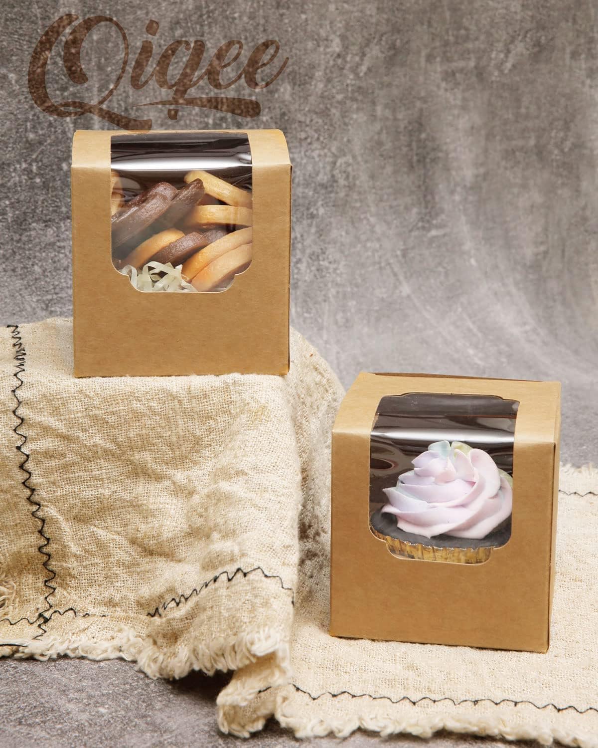 qiqee Cupcake Boxes 200-Packs Individual Cupcake Container Brown 3.5" x 3.5" x 3.5" Single Auto-pop up Cupcake Boxes