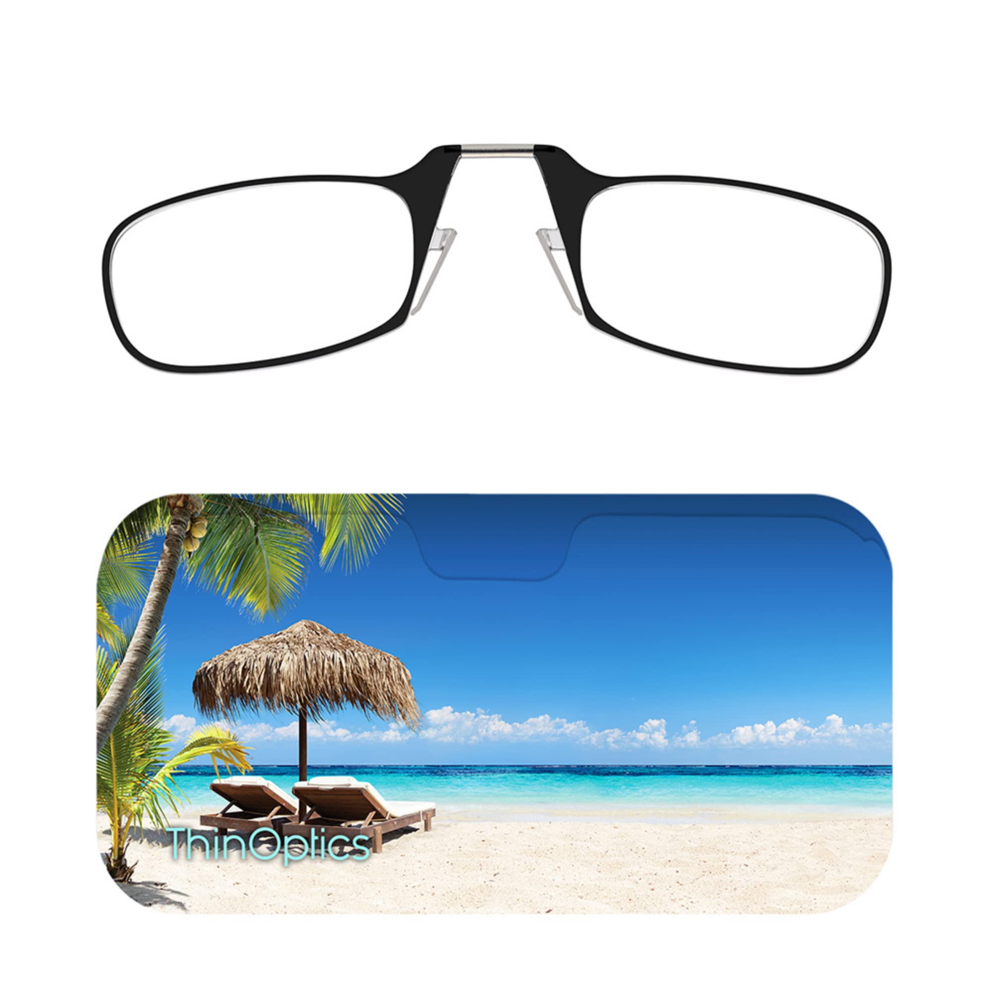 ThinOptics Reading Glasses 1.50 Black Frames with Beach Universal Pod Compact Case, Ultra-light Foldable Rectangular Glasses