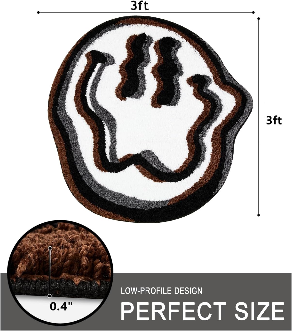 Estmy Cute Hippie Funky 3ft Round Rug for Bathroom Bedroom Dorm Kitchen Non Slip Washable, Happy Face White Black Brown Boho Vintage Trippy Aesthetic Circle Throw Accent Rugs