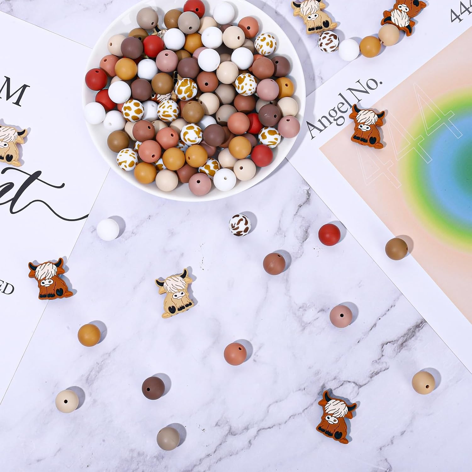 Waline 100Pcs Highland Cow Focal Silicone Animal Shaped Beads - Brown & White Cow Printed Bead Colorful Flat Round Spacer Beads for Making Pen DIY Crafting Necklace Bracelet Keychain - Image 4