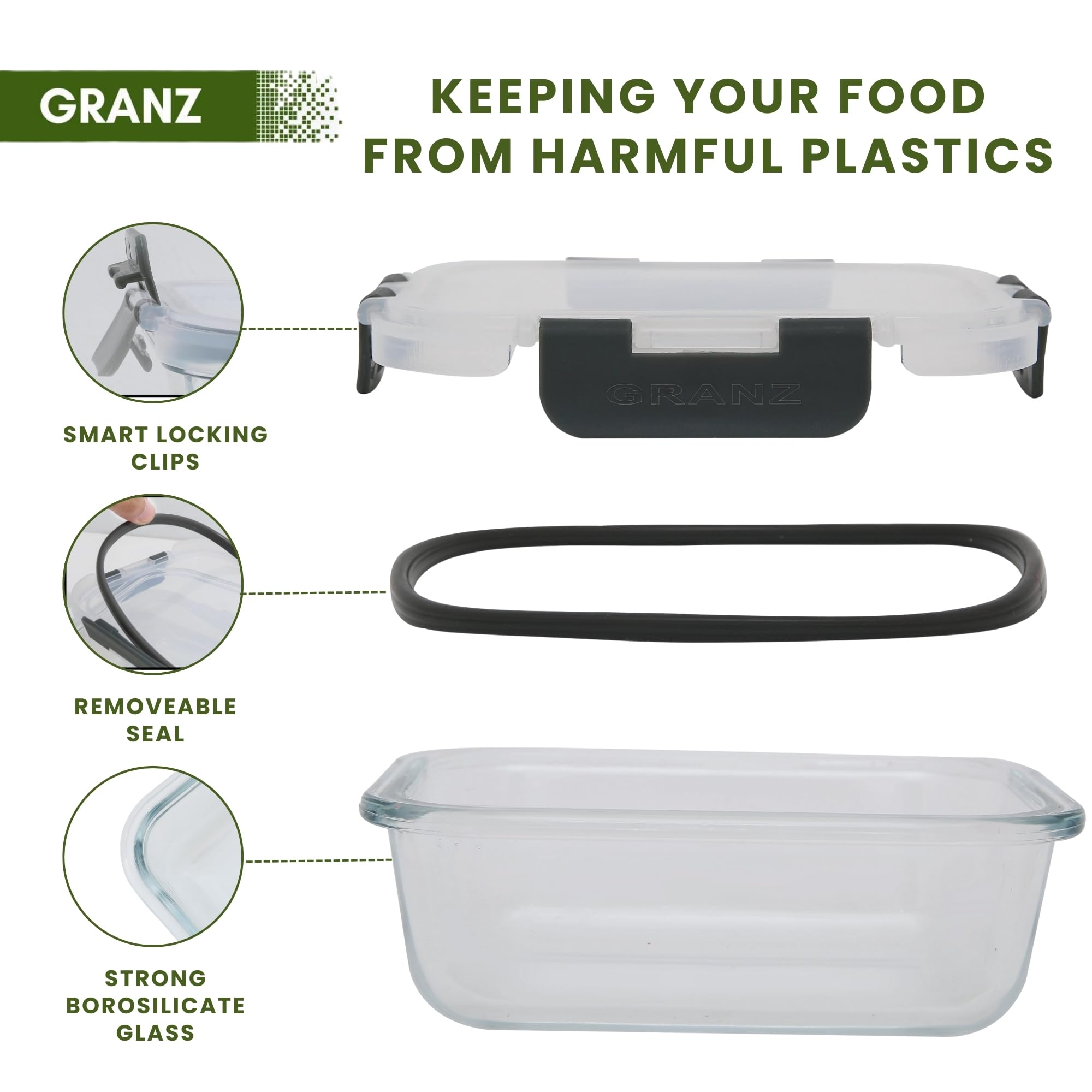 GRANZ Contenitori per alimenti in vetro, senza BPA, con coperchio ermetico a scatto, a prova di perdite, impilabili, ecologici, riutilizzabili, per microonde e lavastoviglie (5 m, 5 L)
