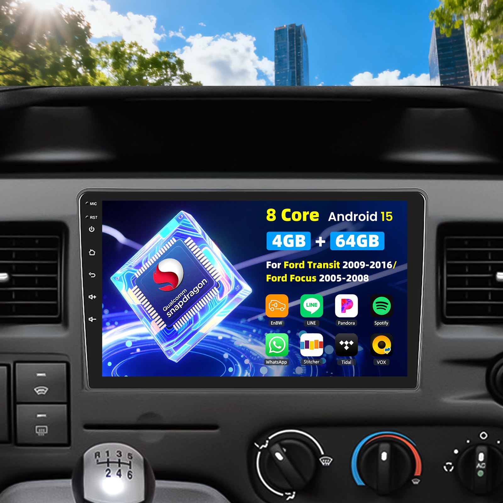 8 core Qualcomm Android 15 Autoradio per Ford Transit 2009-2016/Ford Focus 2005-2008 con Carplay Android Auto ,9" Touchscreen con BT GPS WiFi FM/RDS DSP 3D Car Model Showcase + telecamera posteriore e