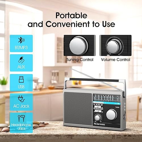 Miniatura 5 de Radio FM portátil radio de transistor de onda corta con la mejor recepción funciona con pilas o radio retro de alimentación de CA con altavoz