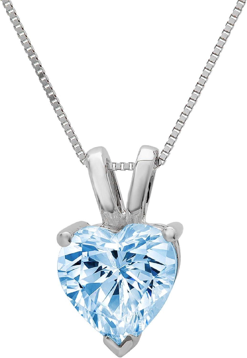 2 ctw Pendant Necklace for Women | Natural Sky Blue Topaz Heart Cut | 18in Adjustable Length Box Chain | Hyperallergenic Solid 14K White Gold | Birthstone Anniversary Birthday Gift for Wife