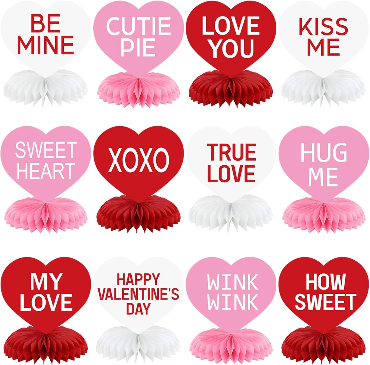 12 Pcs Valentine's Day Honeycomb Centerpieces Valentines Decorations 3D Paper Valentine Heart Honeycomb Valentine Conversation Hearts Decorations for Valentine's Day Party Table Decor (Sweet)