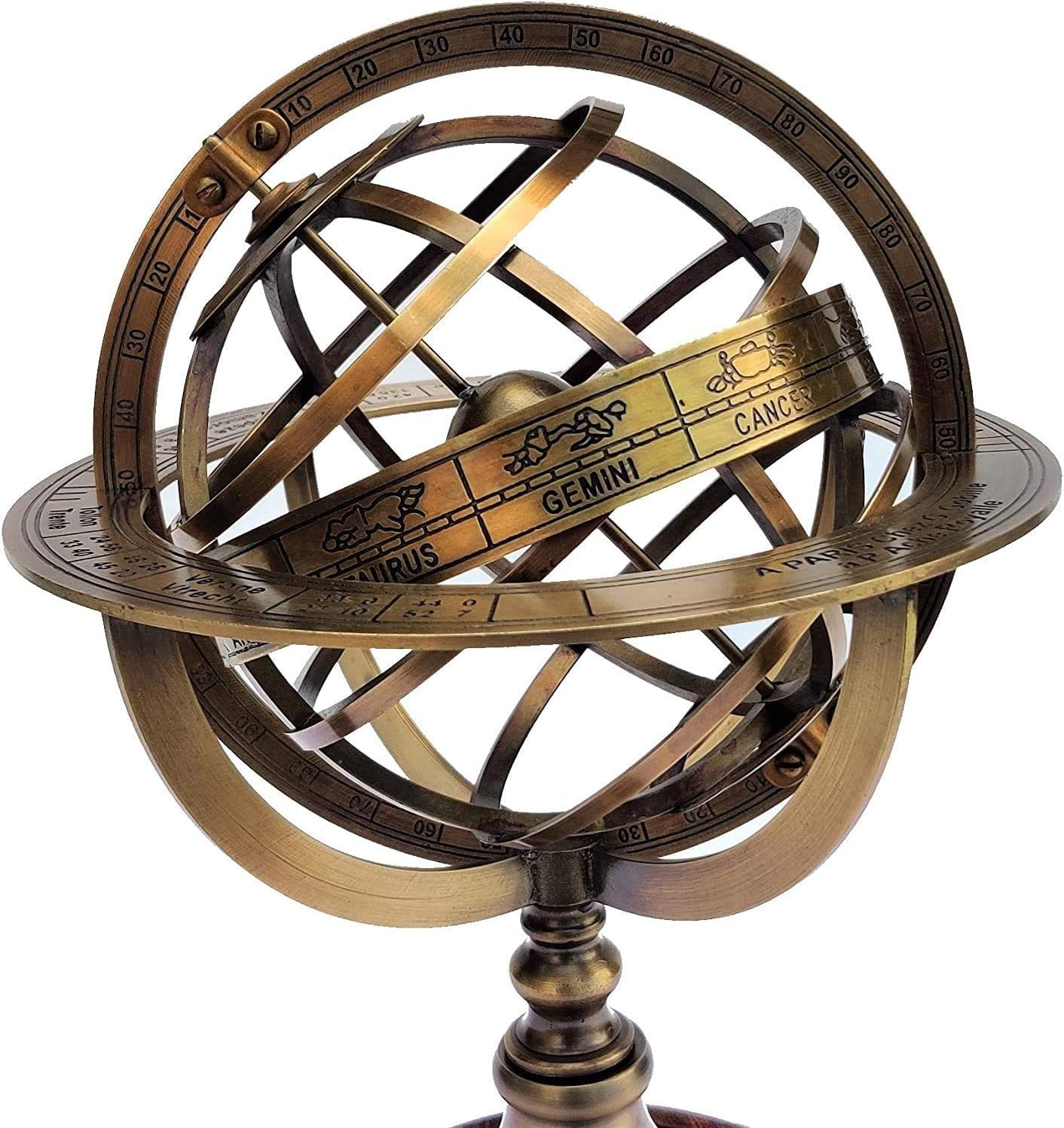 Antique Brass Armillary Sphere Globe 11" - Celestial Zodiac Engraved Wooden Base Decor