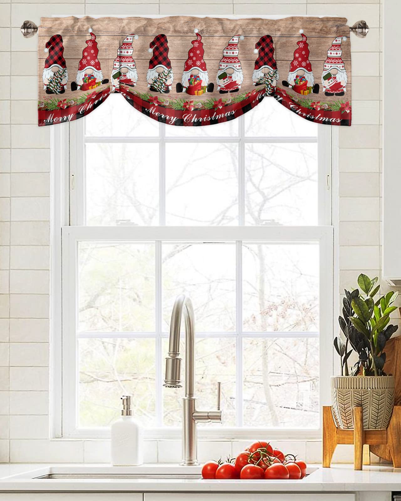 Merry Christmas Gnome Tie Up Valance for Kitchen,Dwarf with Xmas Hat Rod Pocket Short Curtains Adjustable Window Valances,Rustic Wood Plank Tie-up