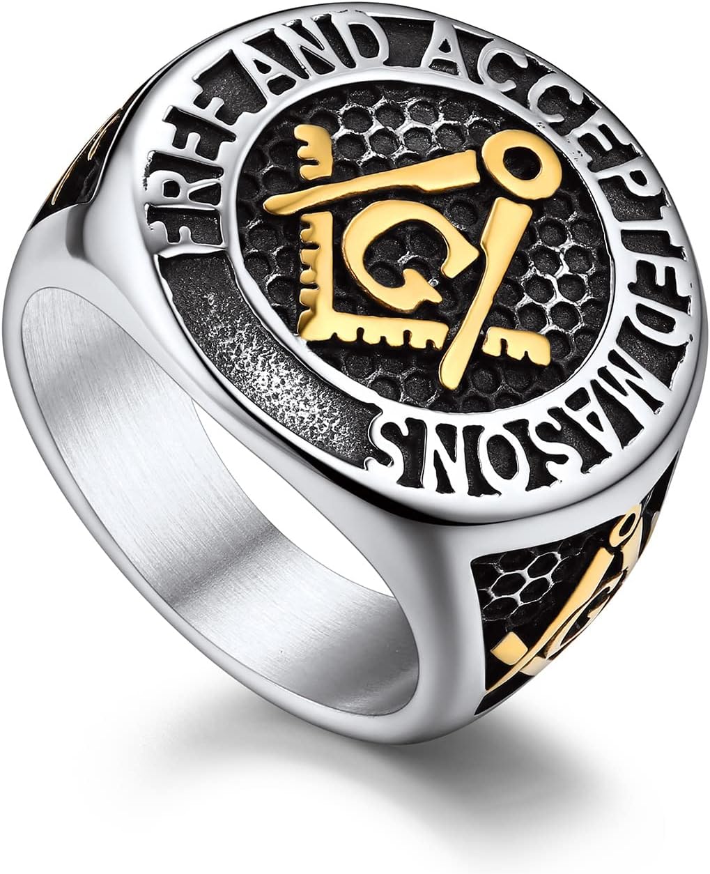 Bandmax Masonic Rings for Men, Stainless Steel Square/Round Shape Mens Signet Rings, Steel/Gold/Black Freemason Symbol Ring Size 7-14 Masonic Jewelry Gift