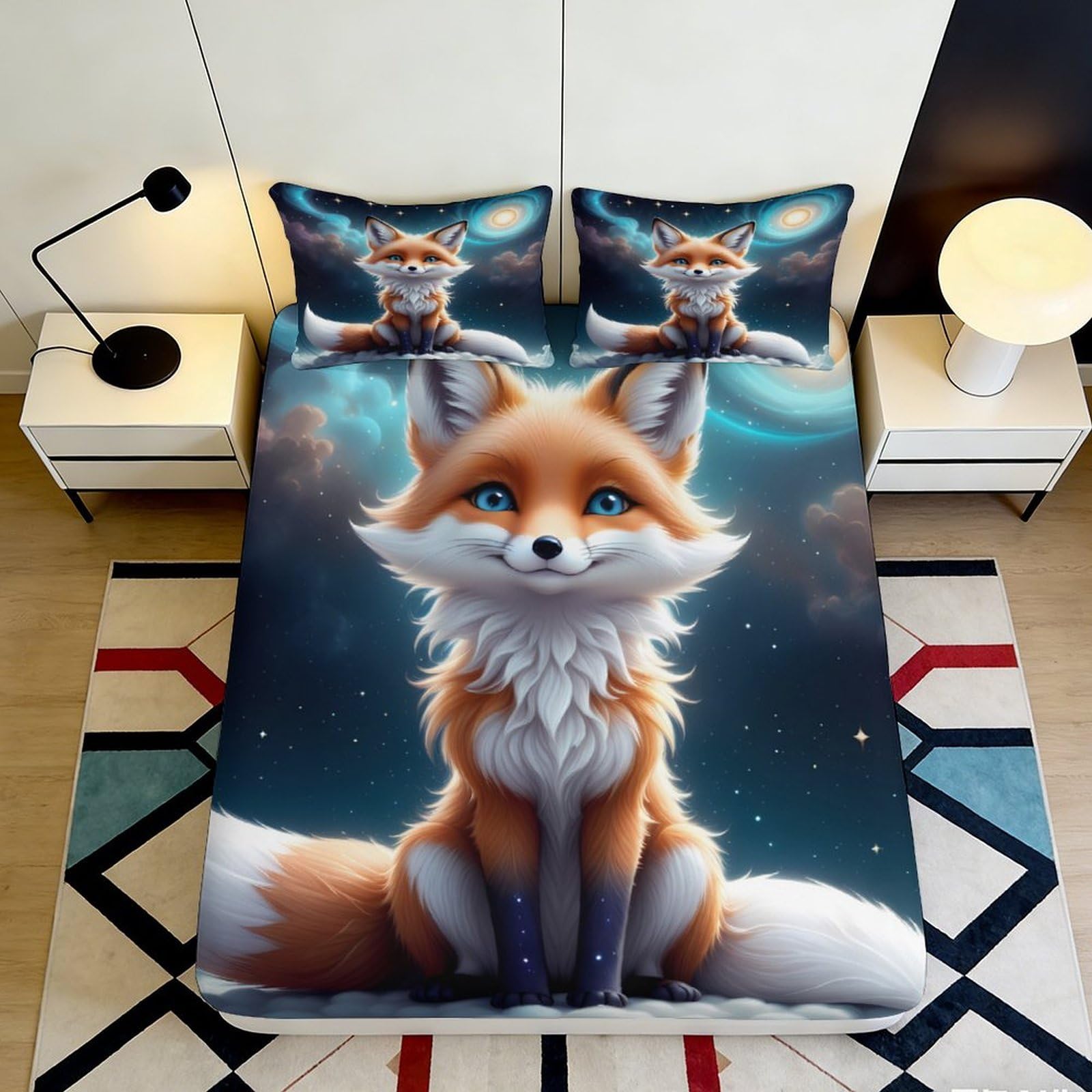 3D Printed Fox Night Sky Fitted Sheet Microfiber Soft Artistic Galaxy Mattress Cover Bedroom Decoration 90x200x25cm