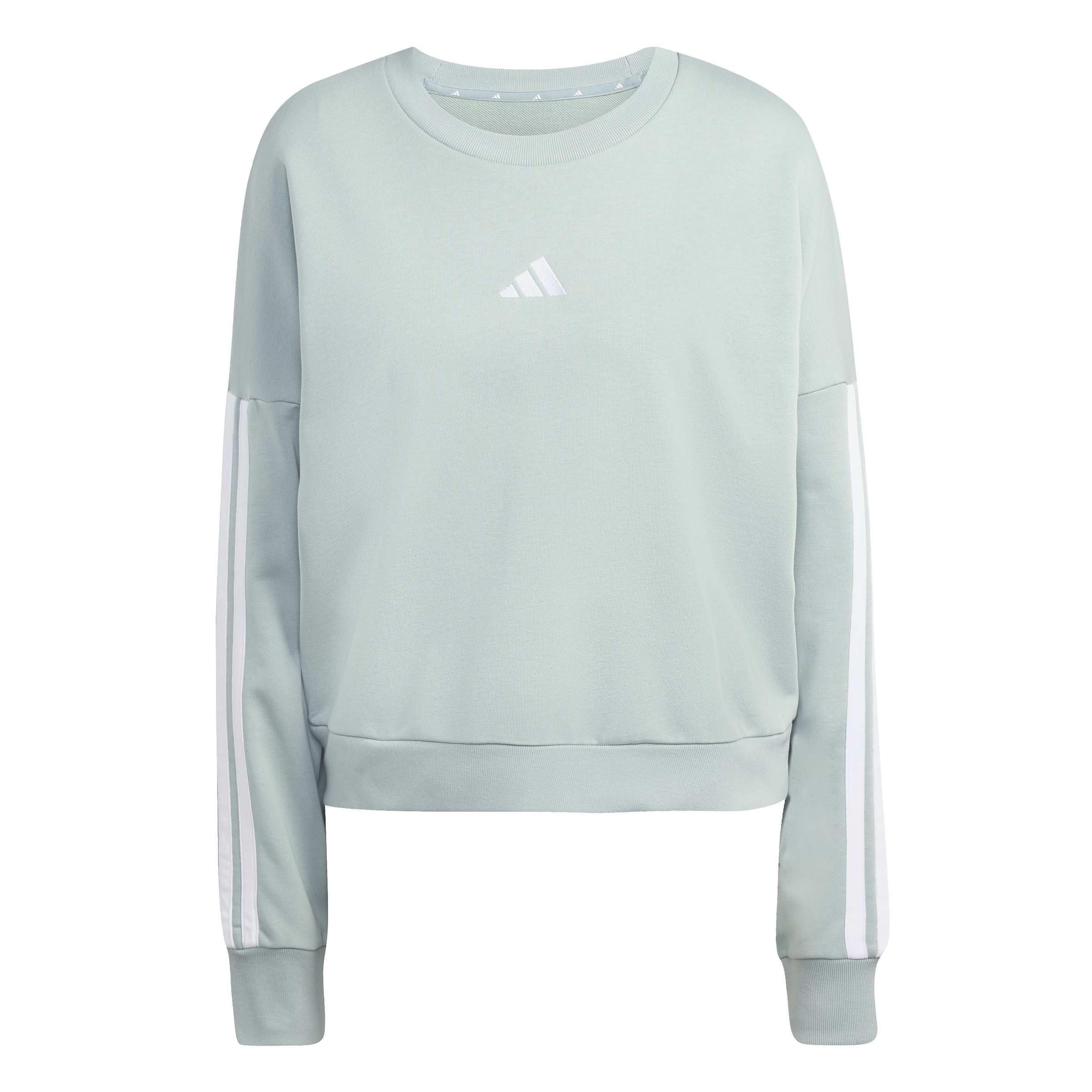 adidas Women's ESSENTIALS 3-STRIPES FRENCH TERRY SWEATSHIRT, Wonder Sage/white, L