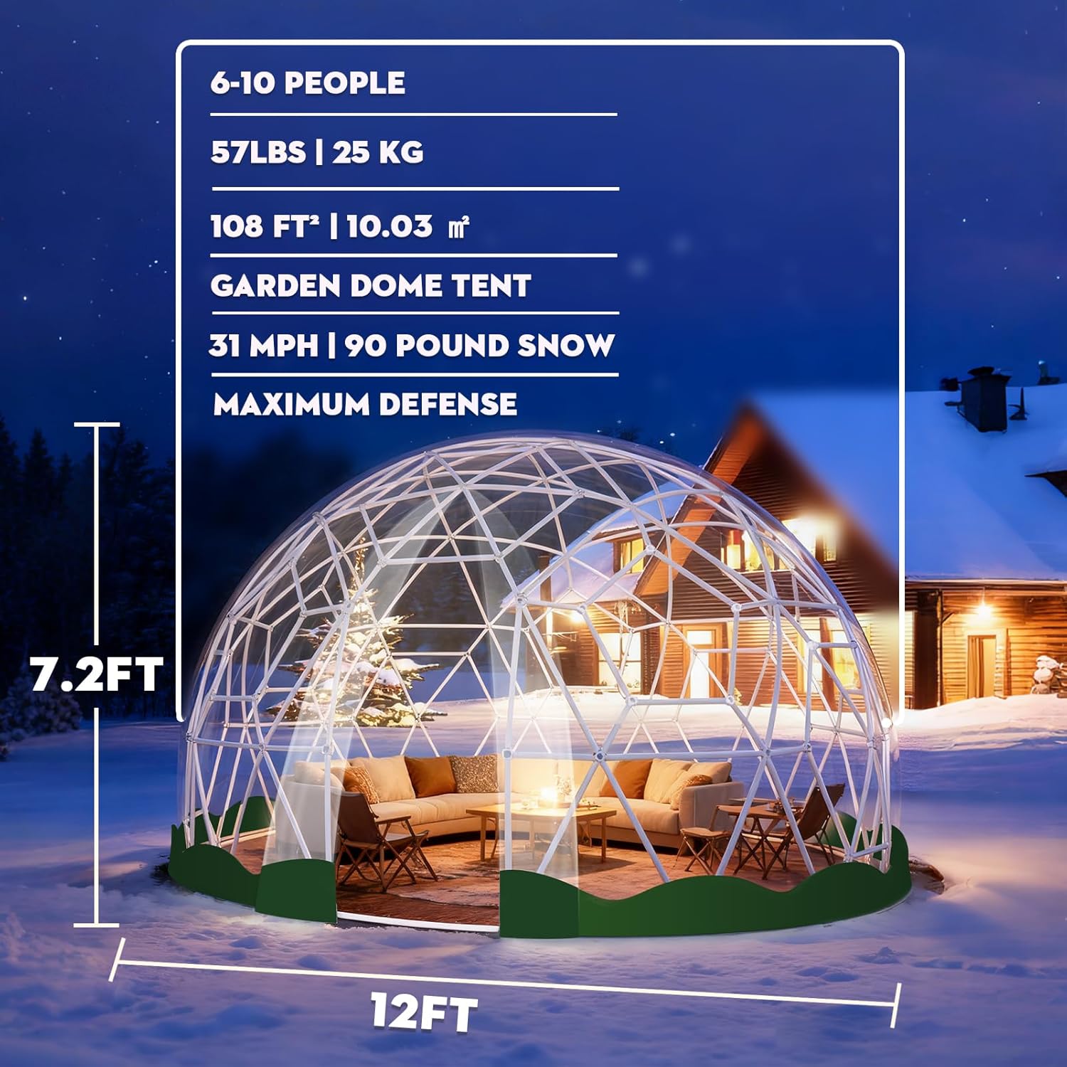 12FT Garden Dome Tent, Geodesic Dome Greenhouse with PVC Clear Cover, Waterproof Garden Bubble Dome Tent House with 2 x 10M Light Strings for Outdoor, Patio, Party (Green Edge, 12.6FT/3.84M)