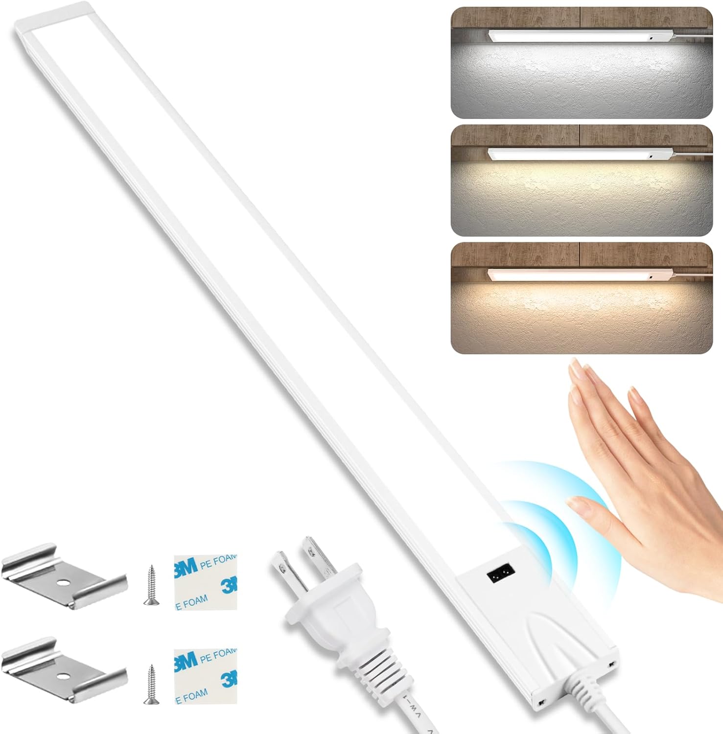 16 Inch Under Cabinet Lights with Hand Wave, 2 Pack Under Counter Light with Dimmable and Colour and Brightness Adjustable Over The Sink Lighting,LED for Kitchen Cabinet with Wire and Plug, Cupboard