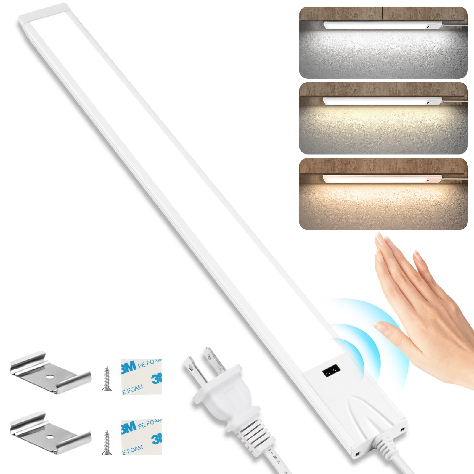 16 Inch Under Cabinet Lights with Hand Wave, Plug in LED Under Counter Light, Over Sink and Stove Lighting, Color Tunable 3000K to 6000K, Touchless Dimmable for Kitchen, Shelf, Cupboard, Closet, Desk