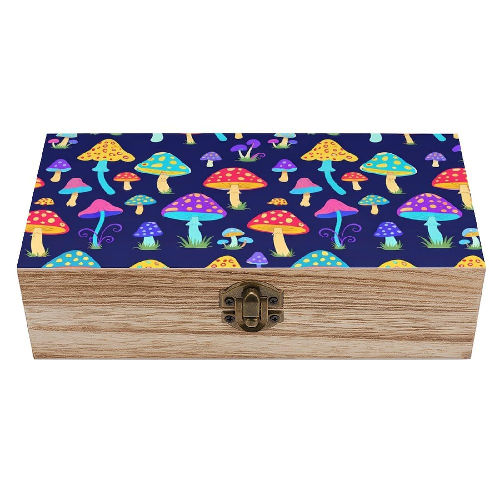 SMAZDFXX Trippy Colorful Neon Mushrooms Wooden Storage Box With Hinged Lid Decorative Front Clasp Keepsake Boxes