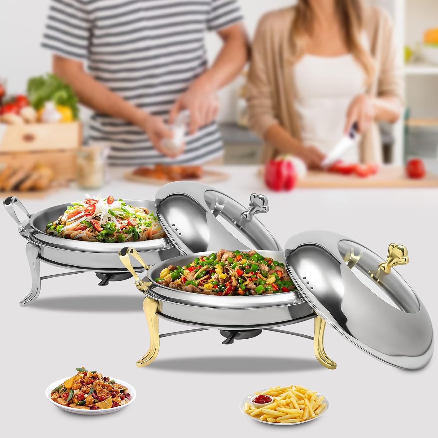 Chafing Dishes for Buffet 4 Pack - 2.64QT Stainless Steel Round Chafing Dishes with Lids, Food Warmers for Weddings, Parties, and Catering Events, Elegant Buffet Servers and Warmers, Gold
