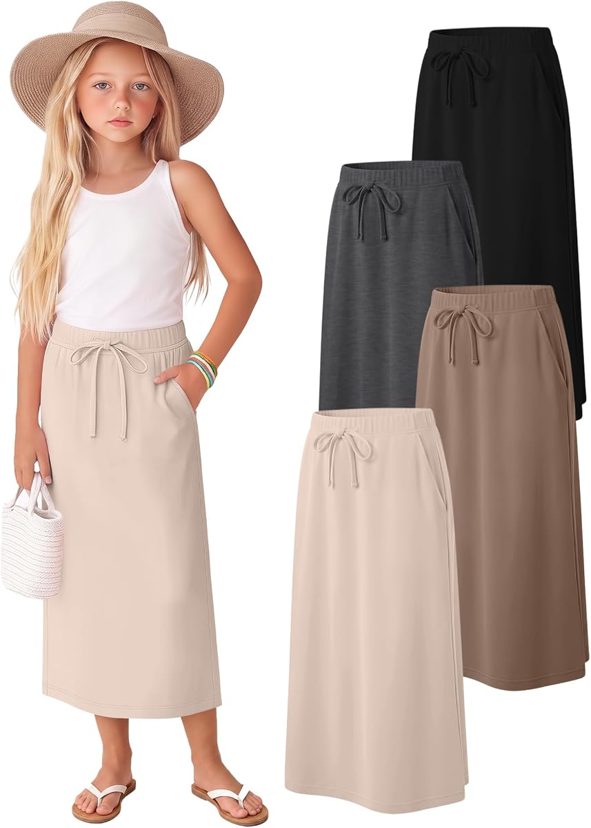 4 Pack Girls Long Skirts | Midi Sweat Skirts, Elastic Waist, Drawstring, Back Slit, Cute, Comfy, with Pockets, Back to School Clothes For Girls