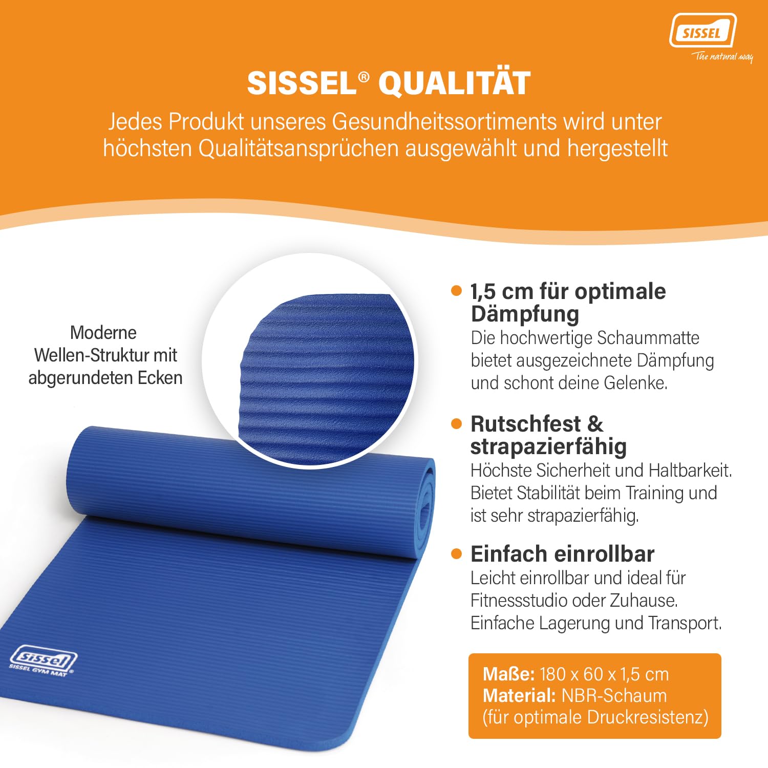 SISSEL Gymnastikmatte 1,5 cm | Yogamatte rutschfest 180x60 cm | Komfortable Sportmatte mit Dämpfung | Turnmatte für Fitness & Yoga Training zuhause | Yoga Matte | Als Fitnessmatte geeignet