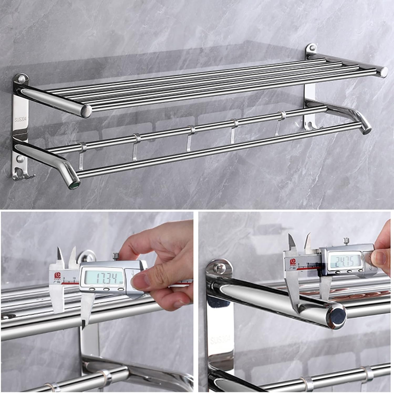 Stainless Steel Towel Shelf Rack 40cm 50cm 60cm Towel Rails Wall Mounted, Polished Metal Silver/Chrome Towel Holders for Bathrooms & Towel Storage (Size : 15.7inch(40cm))