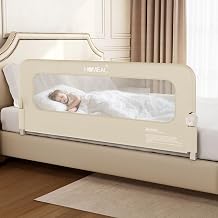 HOMEAL Bed Rail for Toddlers - Swing Down Bed Guard with Double Reinforced Stability, Foldable Metal Safety Rail for King, Queen, Full & Twin Beds Beige, 59in
